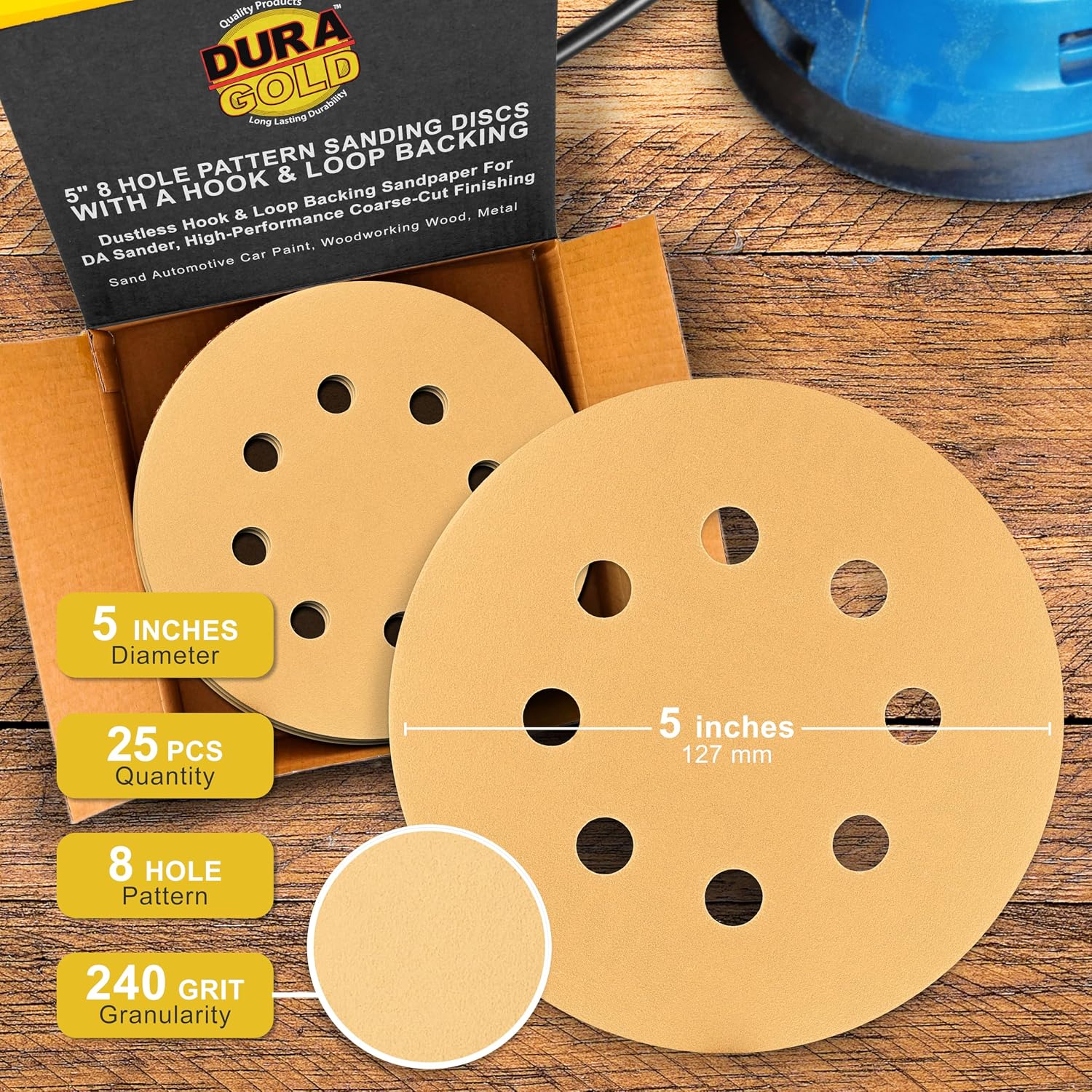 Dura-Gold Premium 240 Grit 5" Sandpaper Discs, 8 Hole Pattern Dustless, 50 Discs - Hook & Loop Backing for Orbital DA Sander, Detailing Finishing Color Sanding Automotive Paint Woodworking