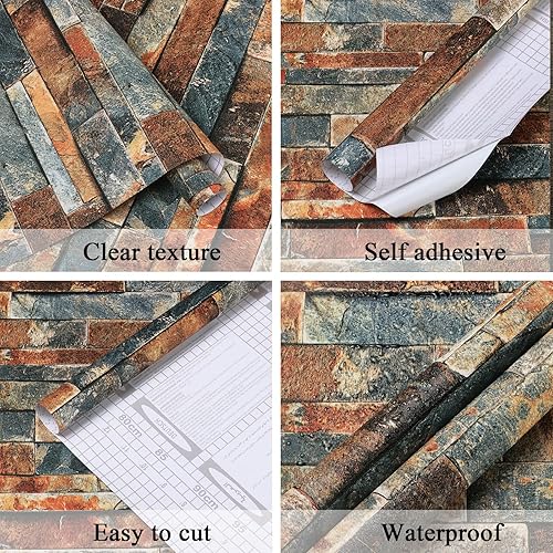 Miniatura 4 de KUKANTST Papel tapiz de piedra de ladrillo para despegar y pegar, 17.8 x 472 pulgadas, papel de pared autoadhesivo extraíble, papel de pared