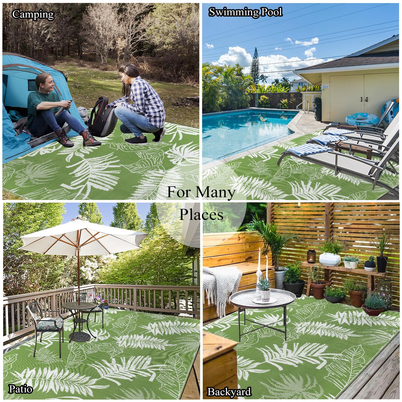 Tapis Exterieur Resistant Pluie Terrasse, Réversible Résistant aux UV Tapis Extérieur Terrasse, Plastique Léger Tapis Balcon pour Jardin, Camping, Pique-Nique, Plage, 245 X 305 cm