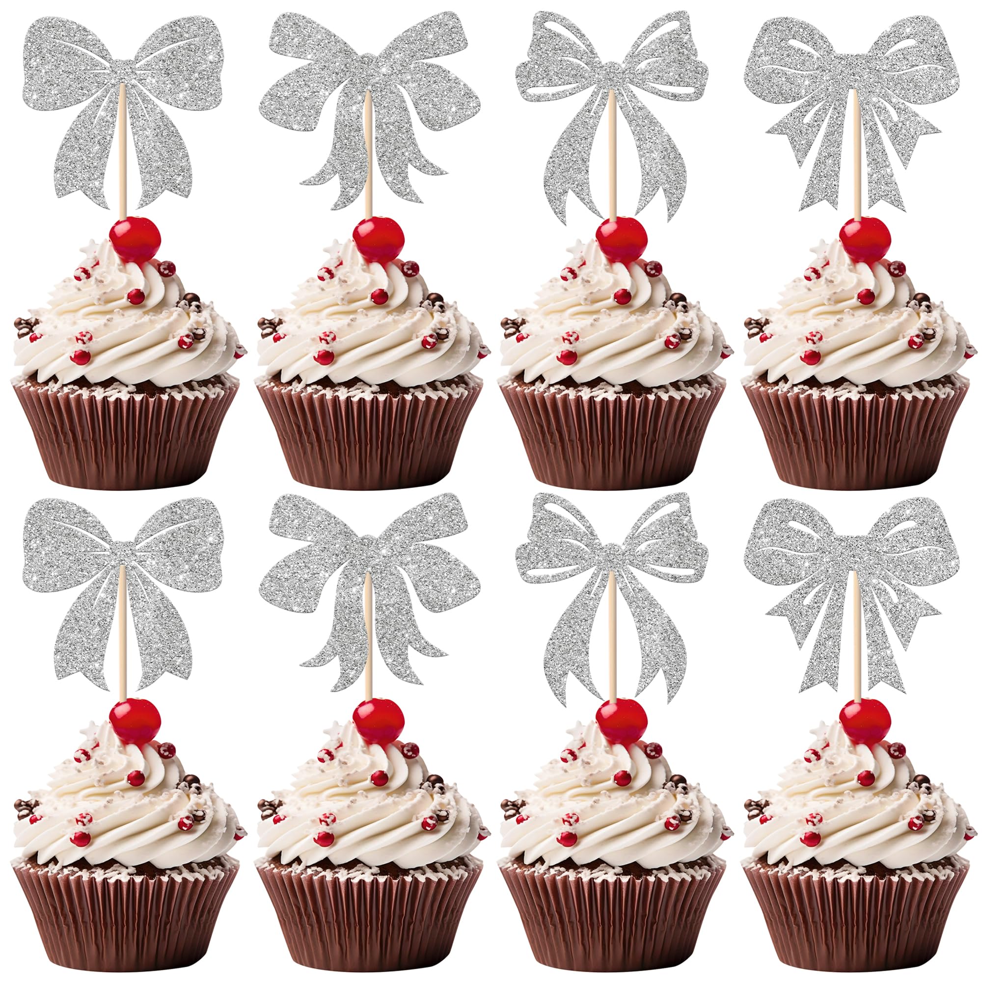 Xsstarmi 24 Pack Bow Cupcake Toppers Silver Glitter Bow Themed Birthday Cupcake Picks Bowknot Cupcake Decorations for Wedding Engagement Bridal Shower Birthday Party Cake Decorations Supplies โ image 1