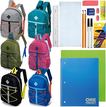 12 Pack 17" Bulk Bungee Backpacks With 18 Pc School Supplies Kit, 6 Colors