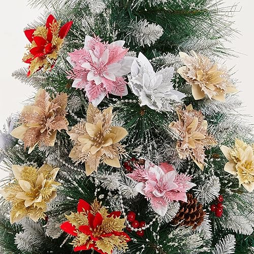 Miniatura 9 de 15 flores artificiales de Pascua de Navidad, adornos de árbol de Navidad de nochebuena con purpurina, flores de árbol de Navidad negras para