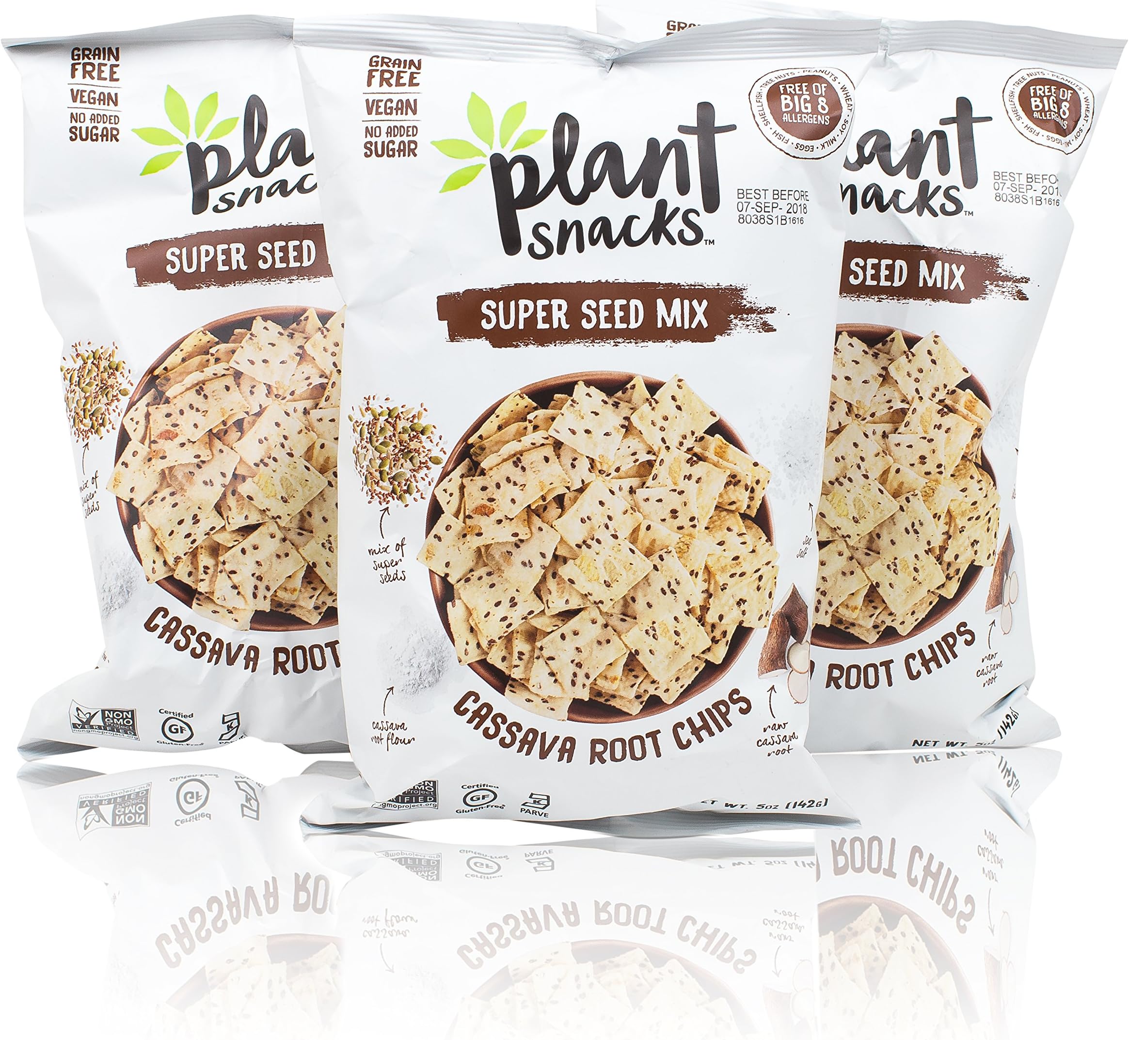 Plant Snacks Super Seed Mix Cassava Root Chips, Vegan, Big-8 Allergen Free, Non-GMO Project Verified, Gluten Free, Grain Free, No Added Sugar, 5 oz Bags, Pack of 3