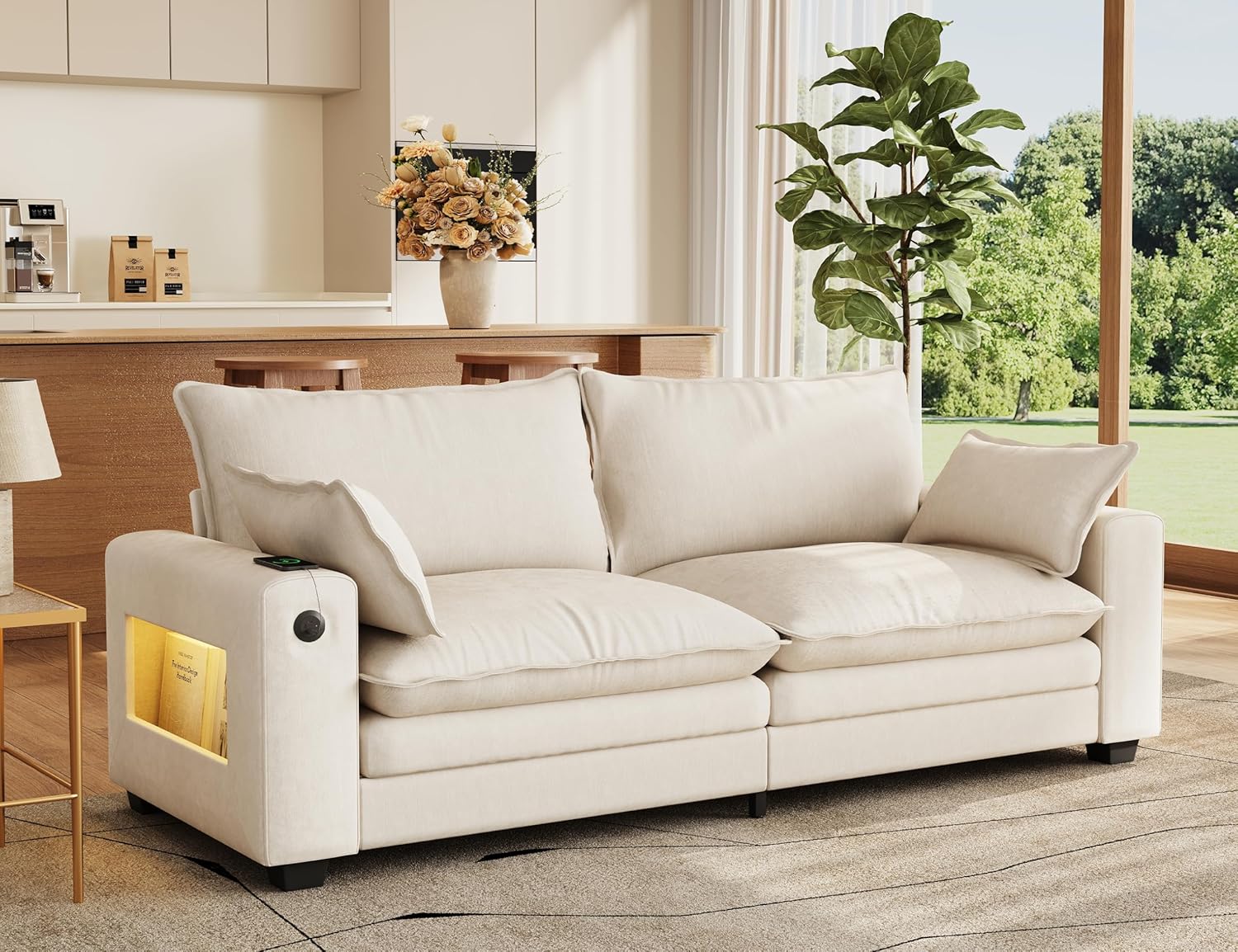 80" Cloud Sofa Loveseat for Living Room, 2-Seats Couches with Wide Armrest, Storage, Charging Station, Led Lights, Modern Chenille Fabric Sofa for Small Space, White