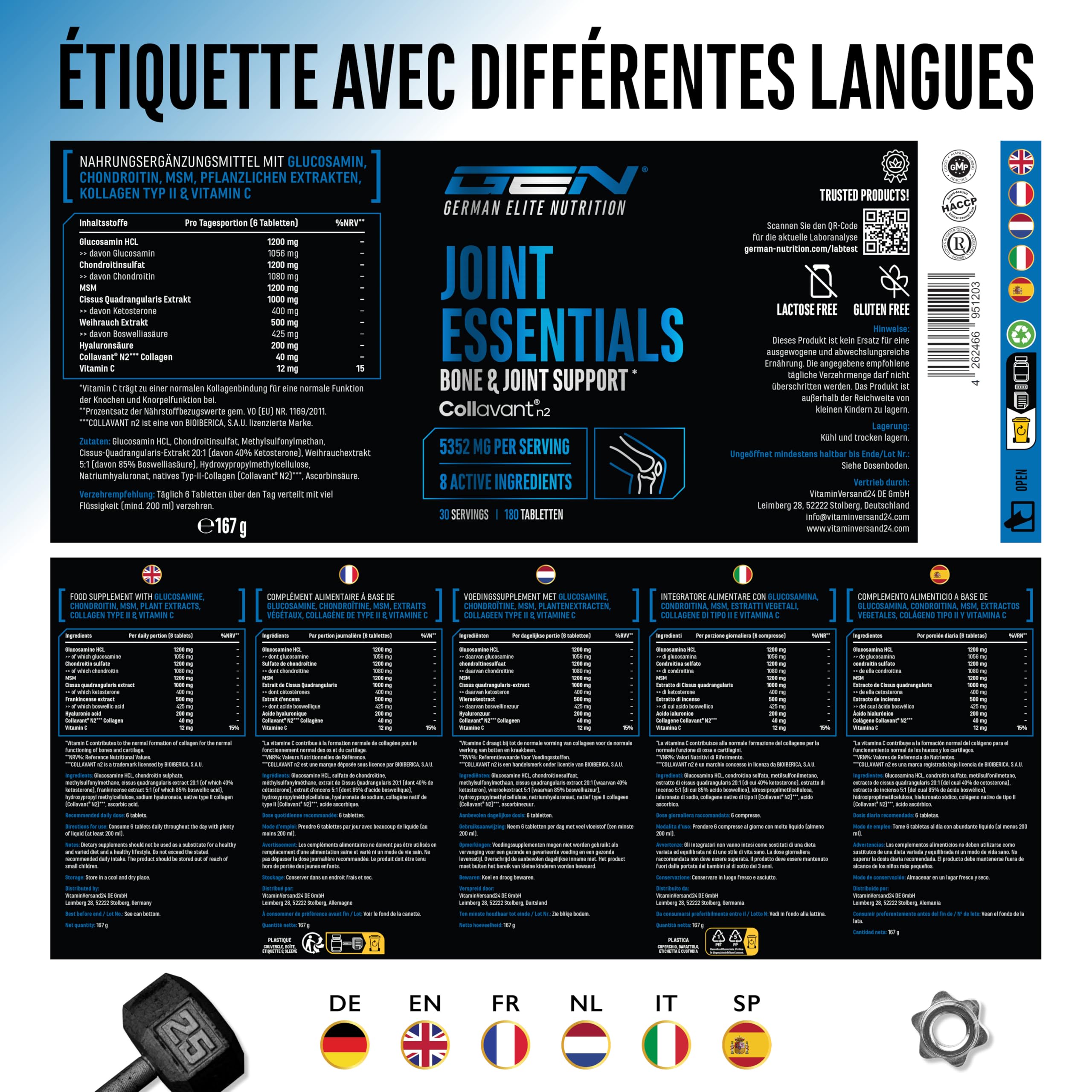Joint Essentials – Complément Alimentaire pour les Articulations avec Collavant® N2 Collagène de Type II – Glucosamine + Chondroïtine + MSM + Acide Hyaluronique + Vitamine C – 180 Comprimés