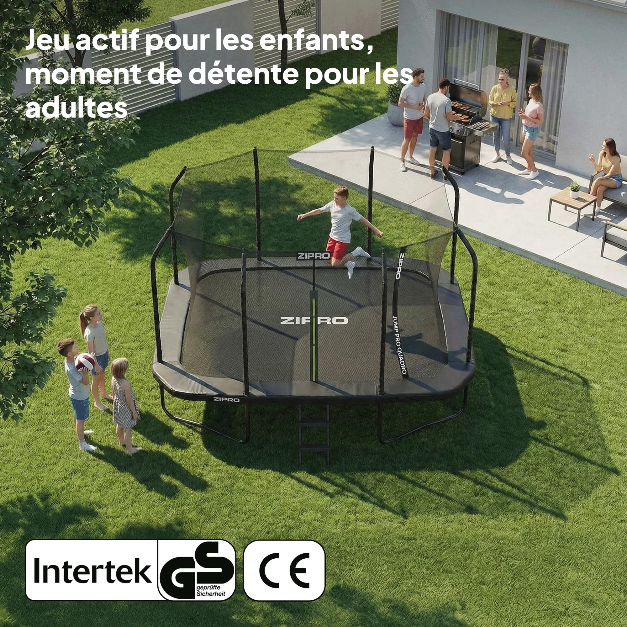 ZIPRO Trampoline Extérieur - Trampoline de Jardin Rectangulaire avec Filet de Sécurité, Tapis de Saut et Échelle - Trampoline Familial Charge Max 150 kg - JumpPro Quadro Ø 366/472 cm