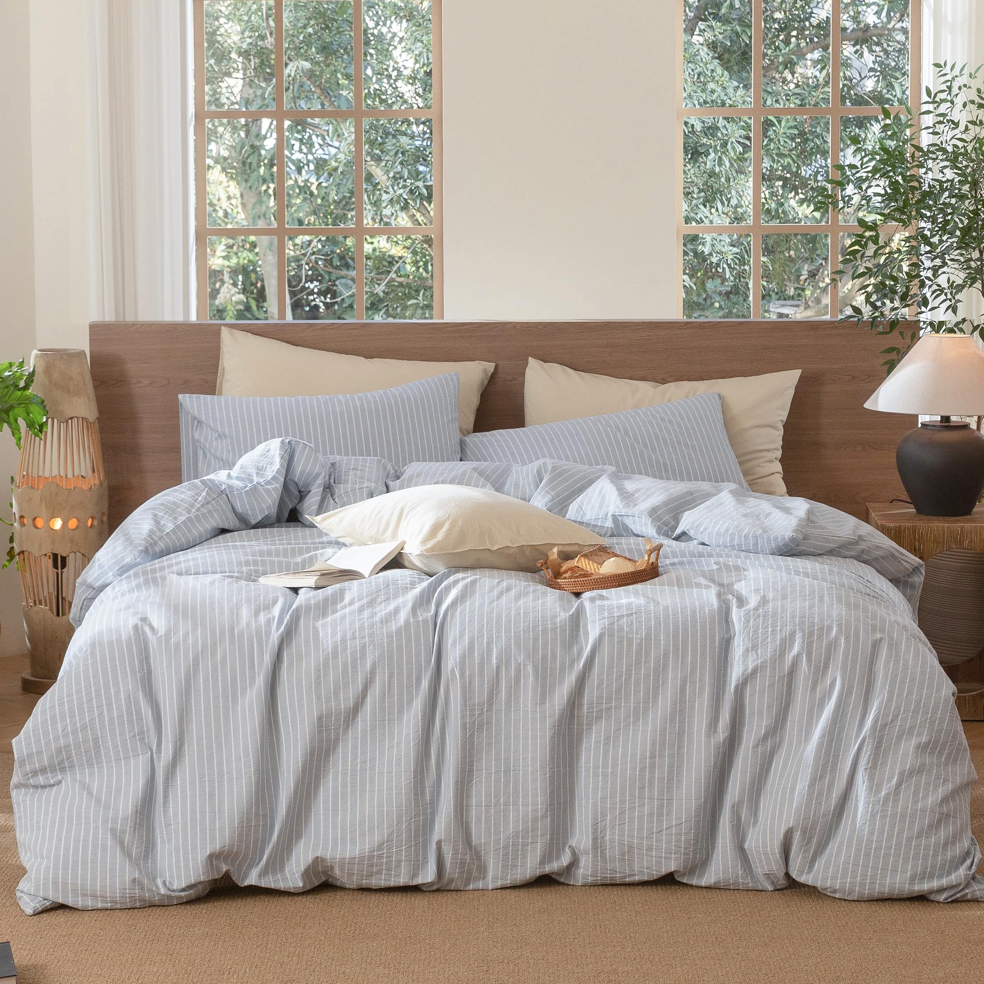 MooMee Striped Duvet Cover Set 100% Washed Cotton Linen Like Textured Breathable Durable Soft Comfy (Cornflower Blue White Wide Stripes, Oversized