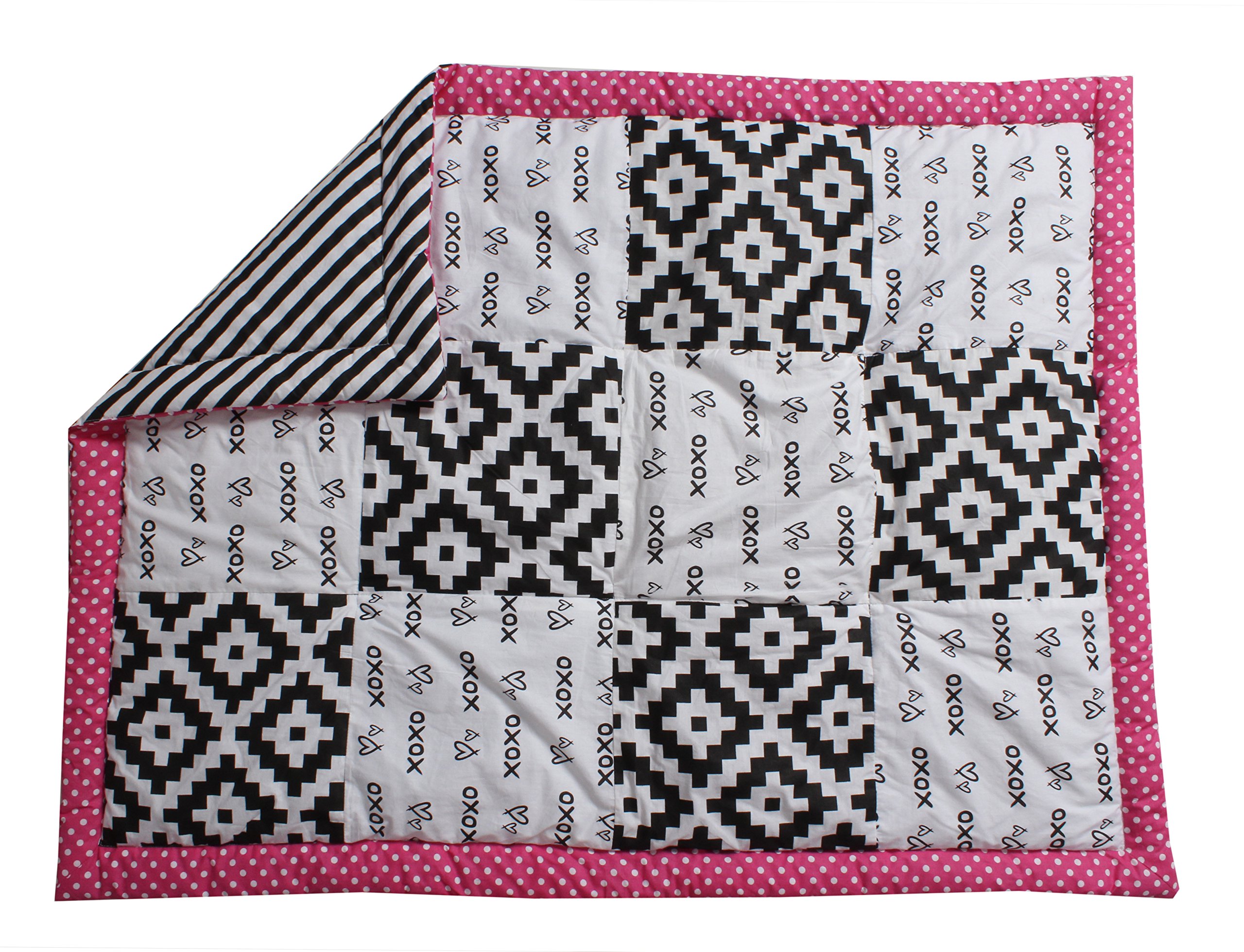 Bacati - Love 100 Percent Cotton Percale Crib Bedding Separates (Patchwork Crib Comforter/Play mat, Black/Fuschia)