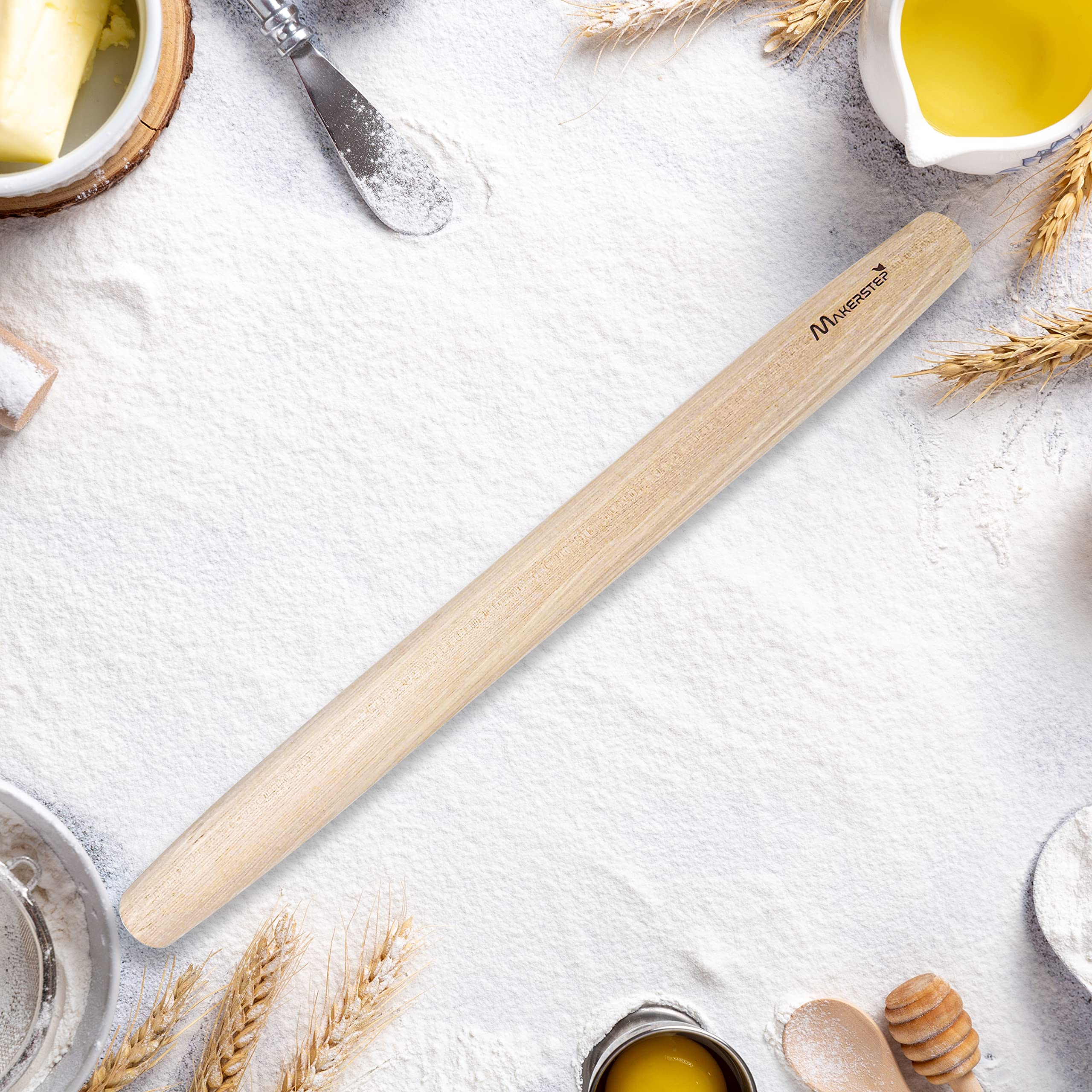 Makerstep Rodillo francés de 17 pulgadas, rollo de madera para hornear masa de pizza, galletas, pastelería, corteza de tarta. Superficie lisa antiadherente - Utensilio esencial de cocina