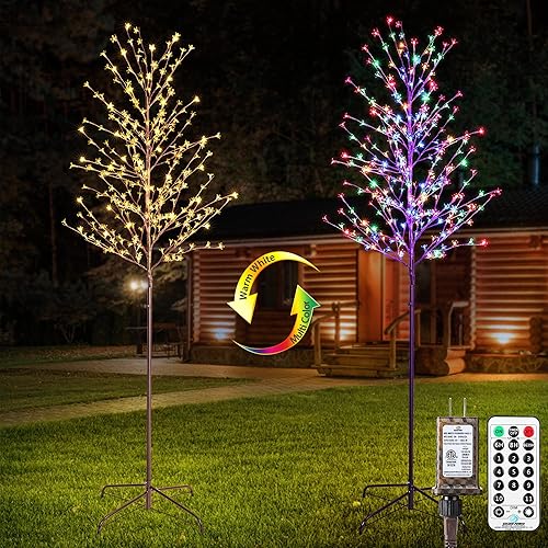 Lomotech Árbol de flor de cerezo iluminado, paquete de 2 árboles artificiales de 6 pies que cambian de color con 11 modos de temporizador para