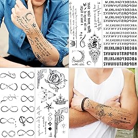 TASROI 18 Sheets Black Inspired Quotes Temporary Tattoos For Women Kids Children Long Lasting Letter Alphabet Words Fake Tattoo Stickers Birds Cross ECG infinity Moon Star Neck Arm Tatoo For Men Adult