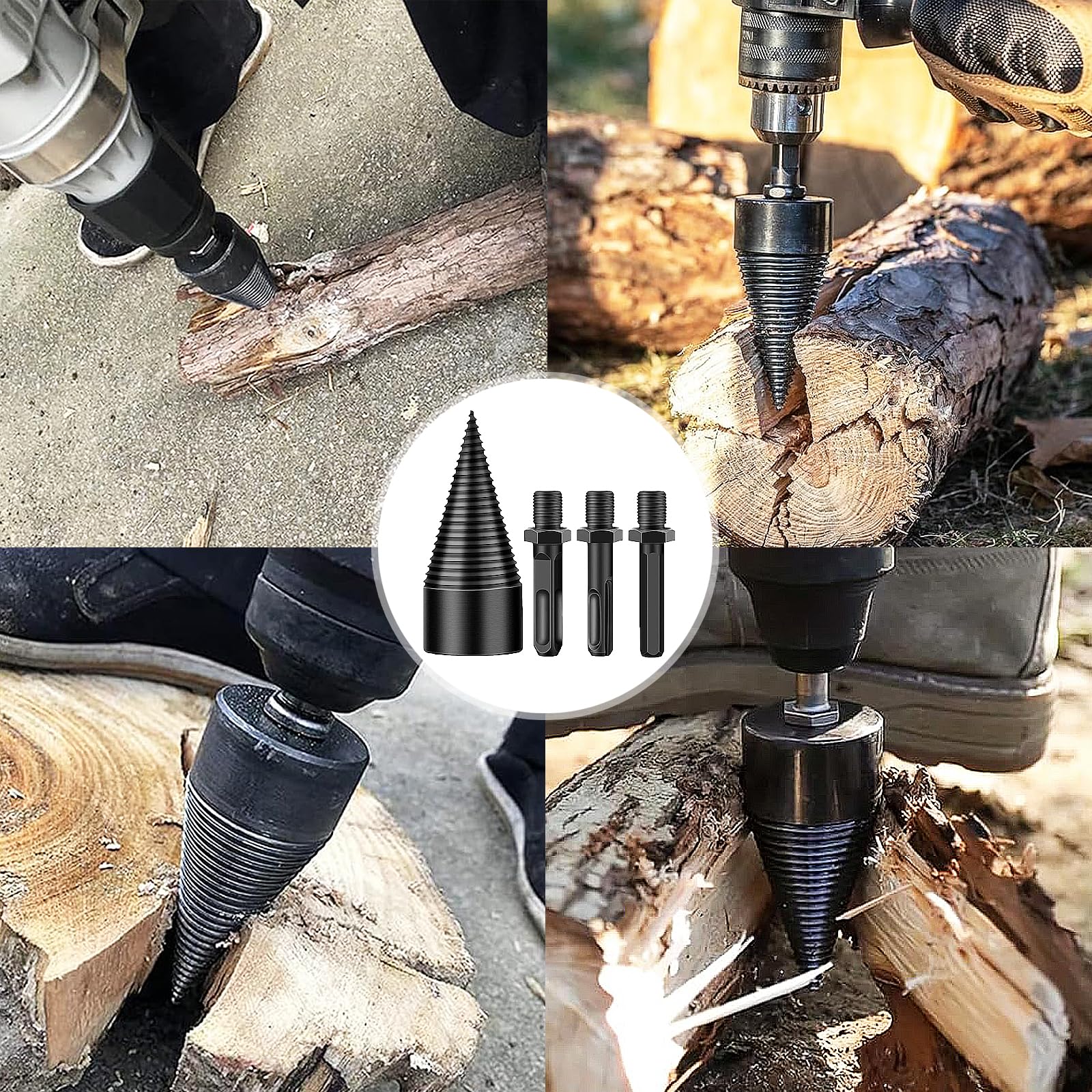 Divisor para Leña, Cortador de Madera para Leña, Brocas para Leña, Divisor para Leña de 42 mm, Brocas Divisoras de Troncos de Leña, Con 3 Asas de Taladro, Para Taladrar Madera(Negro)