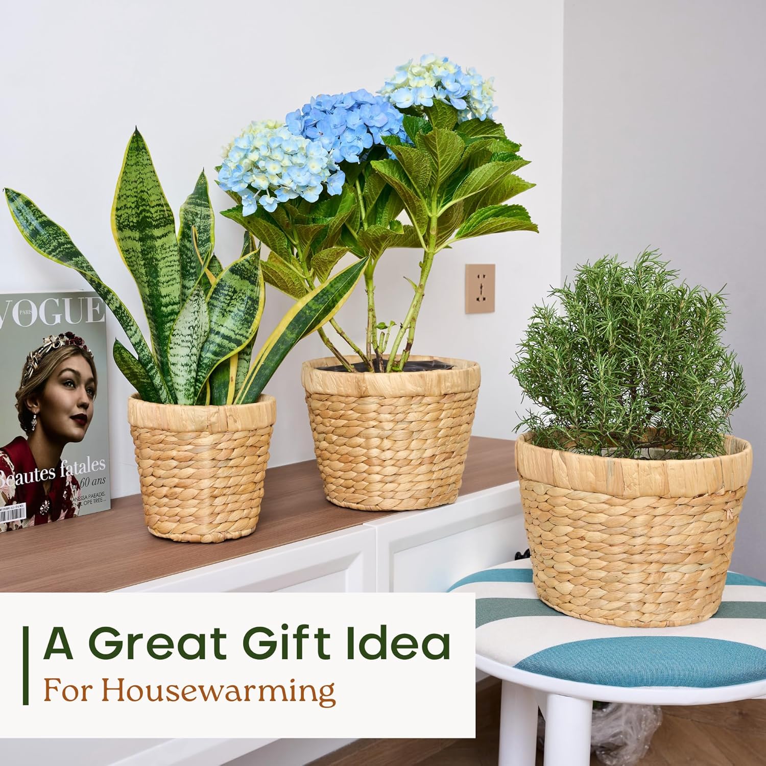 Indoor Water Hyacinth Plant Basket Set of 3, Woven Planter Baskets with Plastic Liner for Plants, Handwoven Plant Pots Decorative Wicker Planters for Home Décor (Saucer NOT Included)