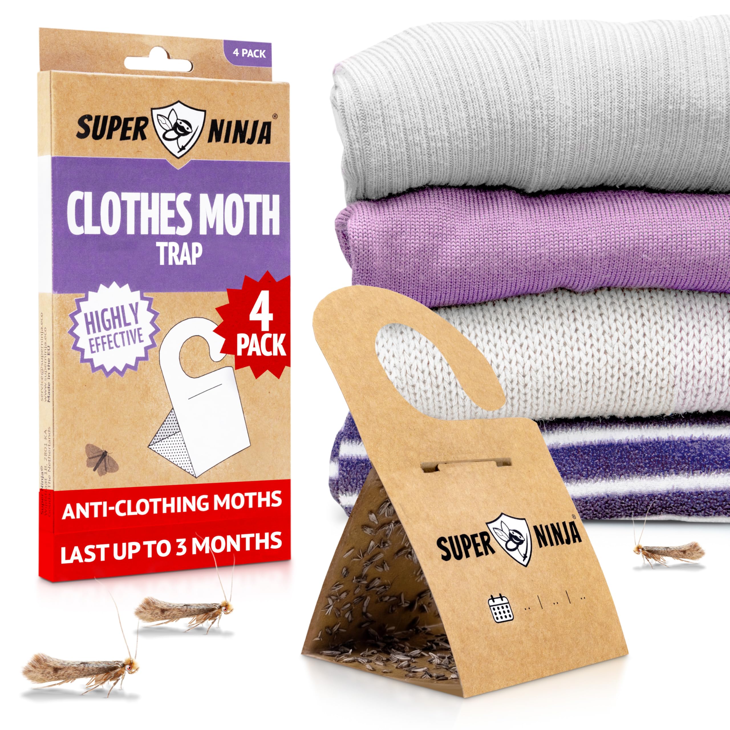 Super Ninja Clothes Moth Traps for Wardrobes, 4 Pack — Pheromone Moth Killer Sticky Trap for Carpets and Drawers, Easy to Use, Lasts Up to 3 Months