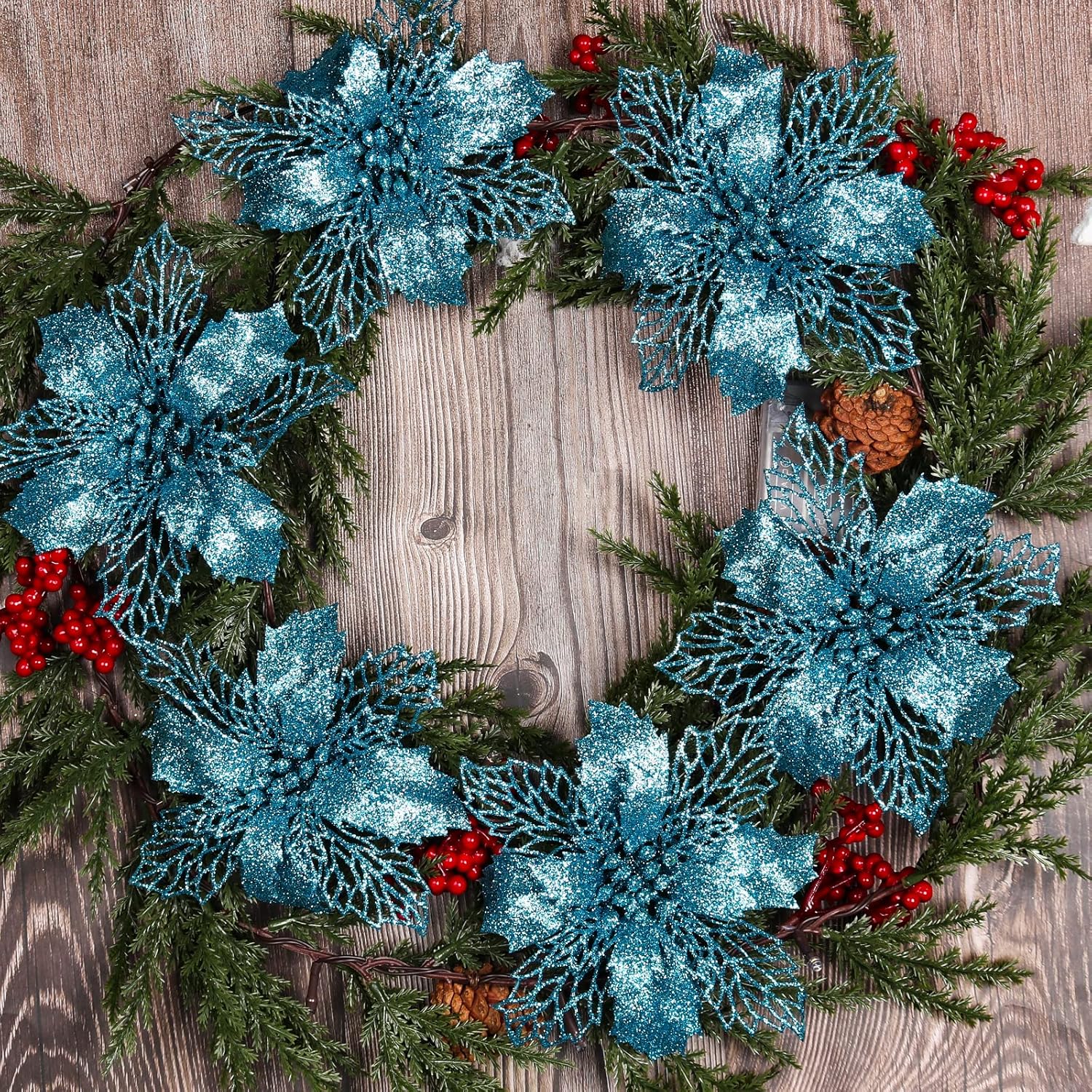 Christmas Flowers Glitter Poinsettia Artificial Flowers, Blue Flowers for Decoration, Faux Flowers for Xmas Wedding Party Wreath Decor, Artificial Silk Flowers Christmas Tree Decorations (Blue) : Home & Kitchen