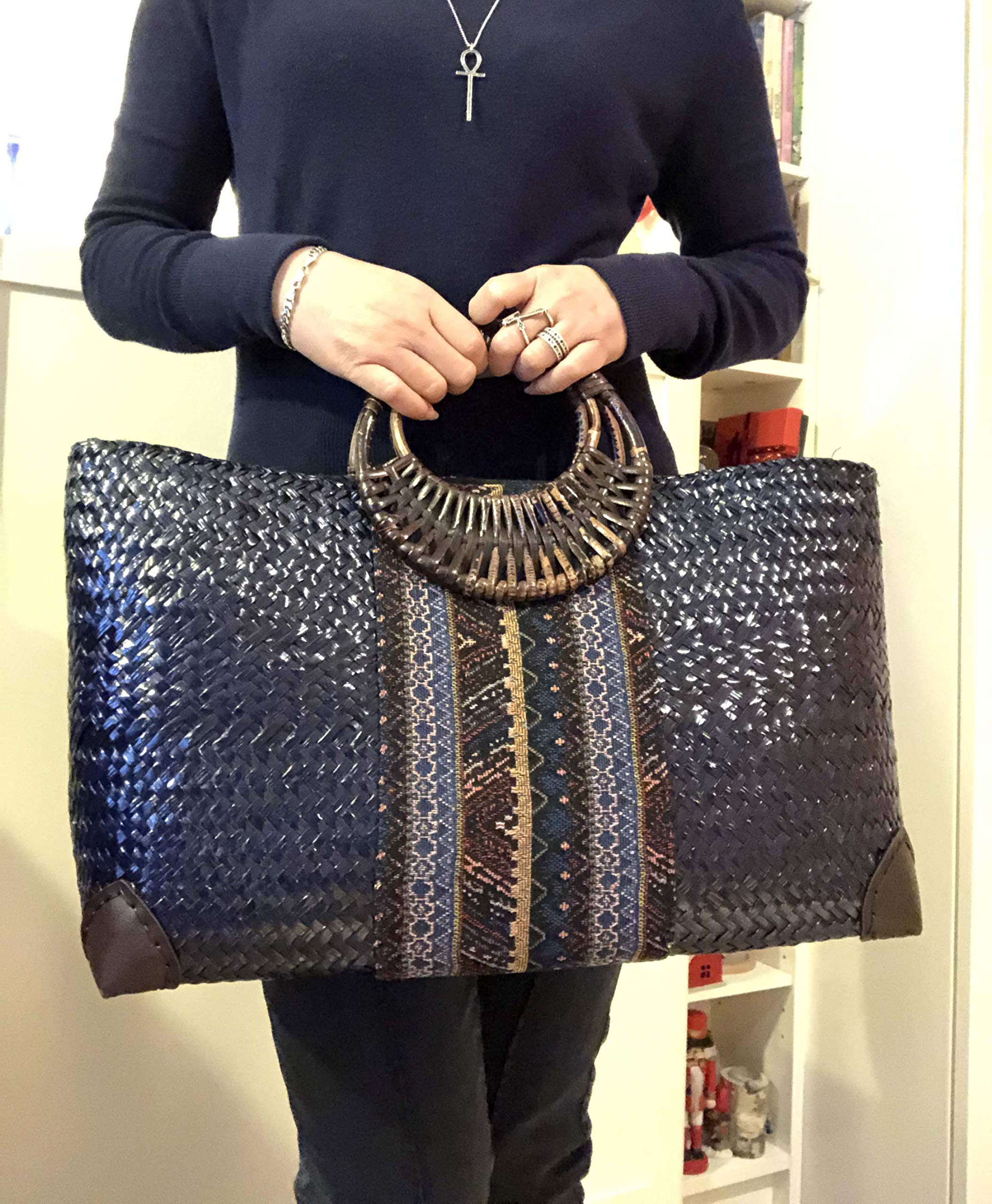 Rotfuchs Damentasche Handtasche Strohtasche Einkaufstasche Strandtasche Handgefertigt aus Schilf Marine 50 cm