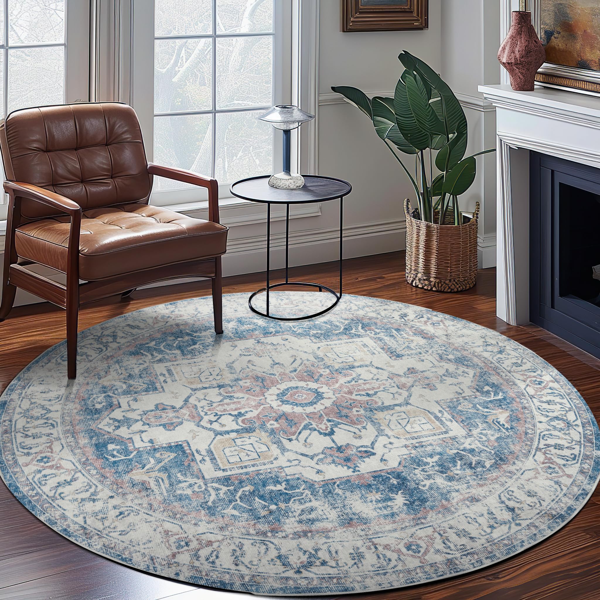 jinchan Round Rug 8ft Washable Rug Area Rug Vintage Rug Indoor Floor Cover Print Distressed Navy Blue Multi Carpet Chenille Circle Rug 8' Round Accent Kitchen Living Room Bedroom Dining Room