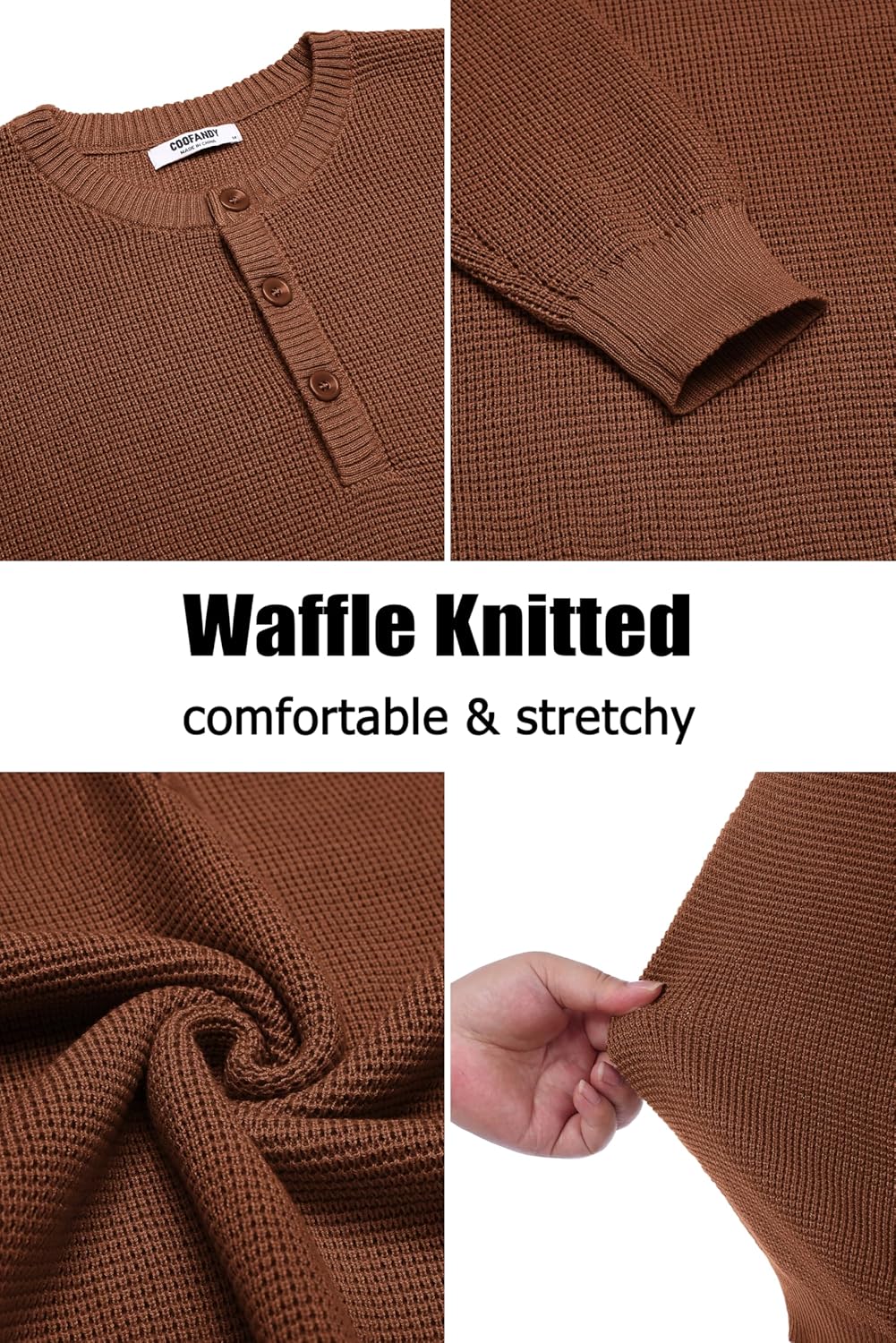 COOFANDY Men's Henley Knit Sweater Long Sleeve Button Pullover Sweater Casual Waffle Texture Fashion Henley Sweater