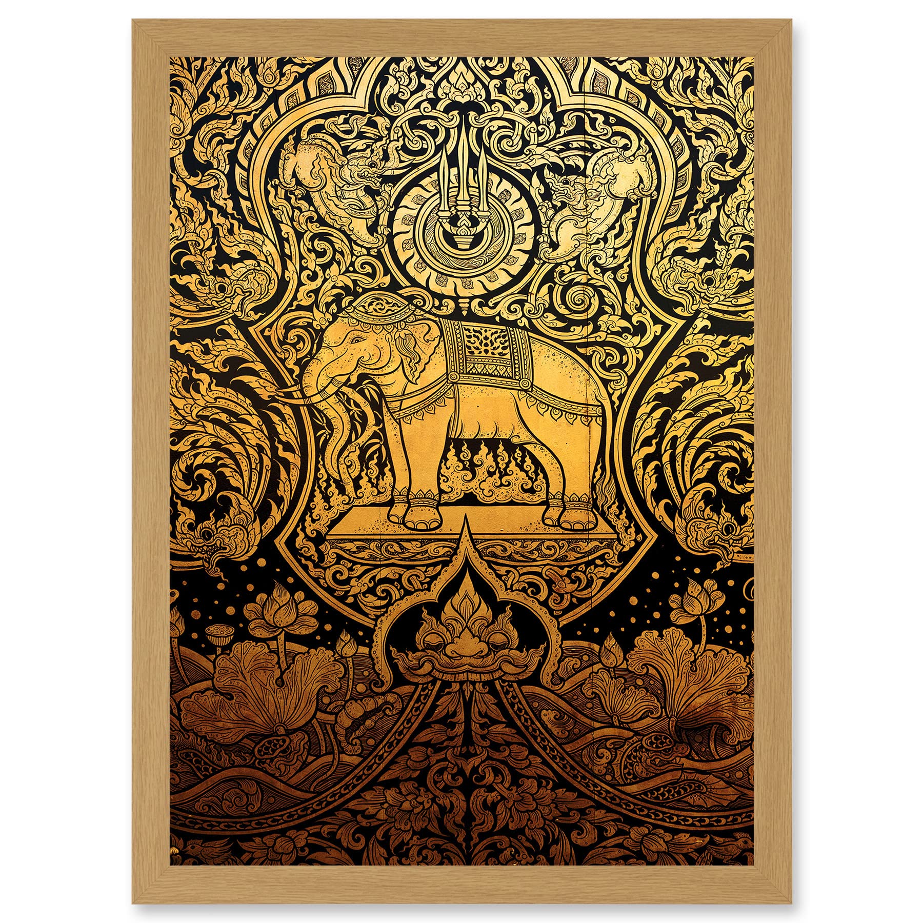 Artery8 Painting Ornate Abstract Thailand Elephant Black Gold Artwork Framed Wall Art Print A4