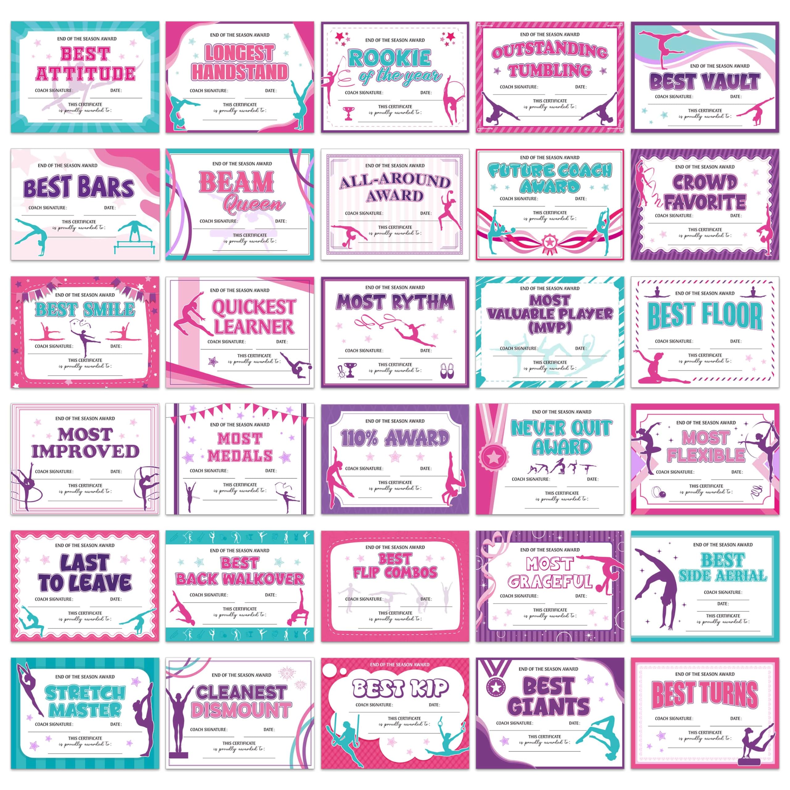 EYxsaxenk Gymnastics Achievement Award Certificate - 60Pcs End of Season Ceremony Award Artistic Rhythmic Gymnastics Championship Paper Achievement Certificate Student Reward Teacher Motivation Supply