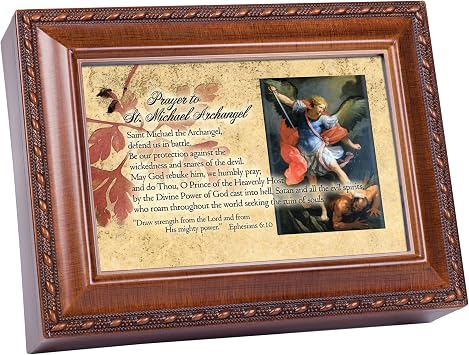 Cottage Garden Prayer to St. Michael Archangel Wood Finish Jewelry Music Box Plays Handels Hallelujah