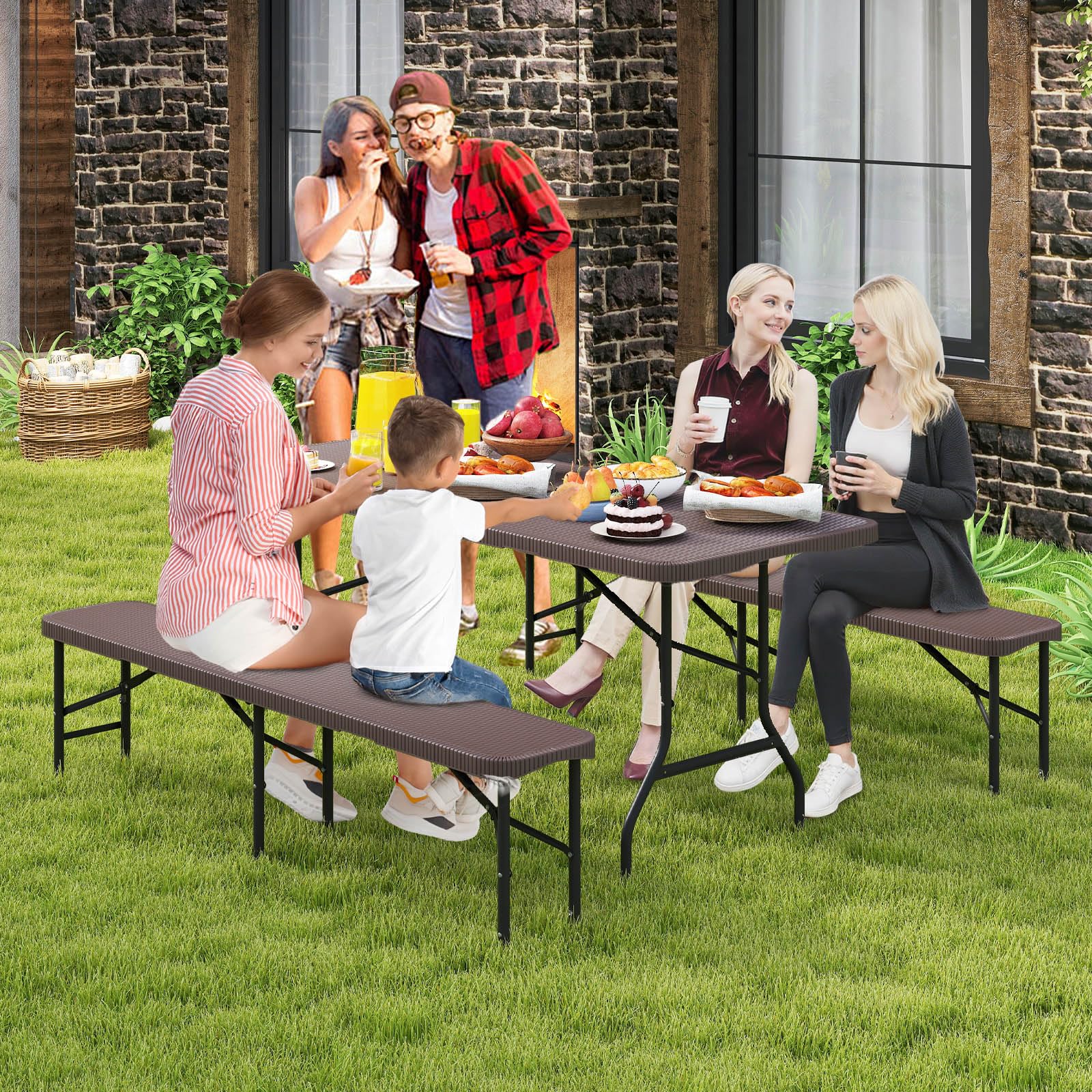 GIANTEX Tavolo da pranzo pieghevole in plastica, effetto rattan e gambe in metallo, 180 x 74 x 75 cm, tavolo portatile per campeggio, picnic, barbecue, giardino