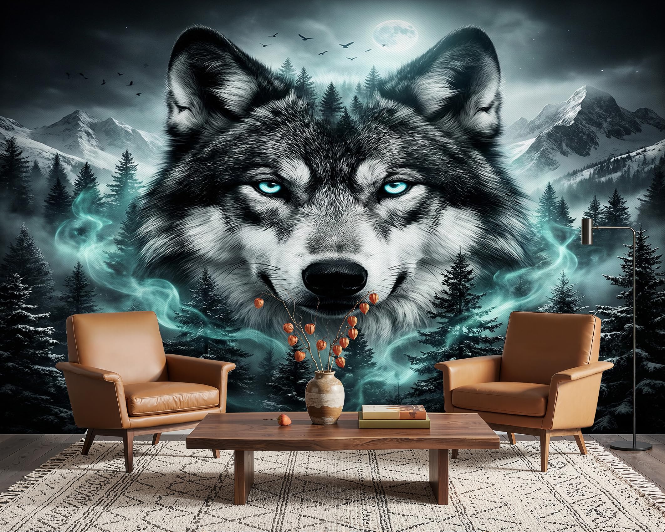 PaxGloz Wolf Fantasy Wall Mural, 3D Forest Wildlife Wallpaper for Living Room & Bedroom, Non-Woven Decorative Wall Art 350x256 cm