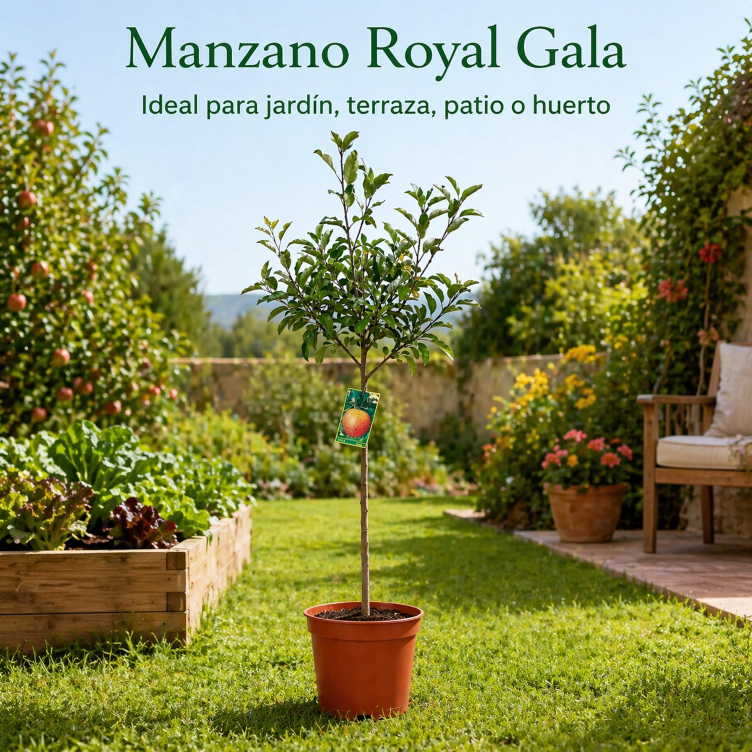 Manzano Royal Gala Planta Natural en Maceta 140 cm de altura, Árbol Frutal Exterior con Manzanas Dulces Árbol Natural para Jardín Terraza Huerto Fácil Cultivo. Manzano
