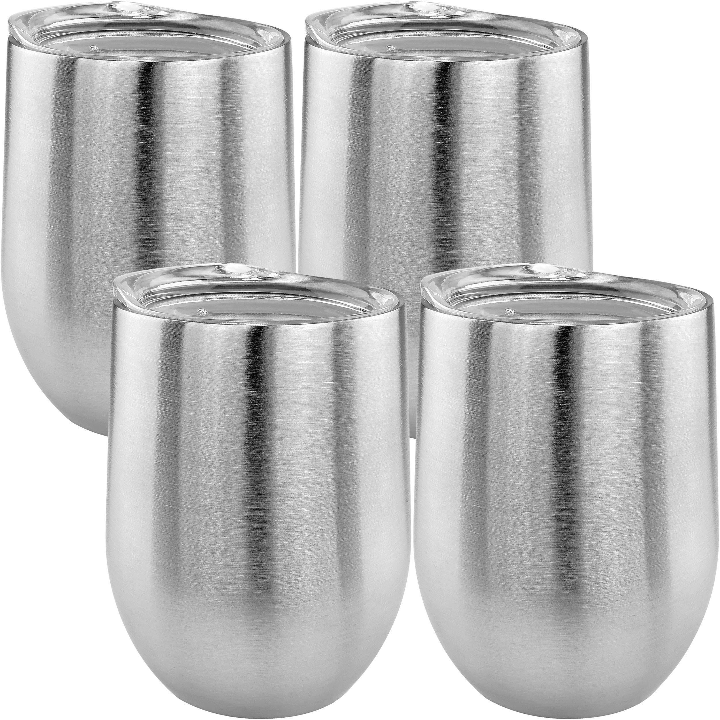 Southern HomewaresSH-10212-S2-2PK Double Wall Stainless Steel Stemless Wine Glass W/Lids 14oz Set of 4, Silver