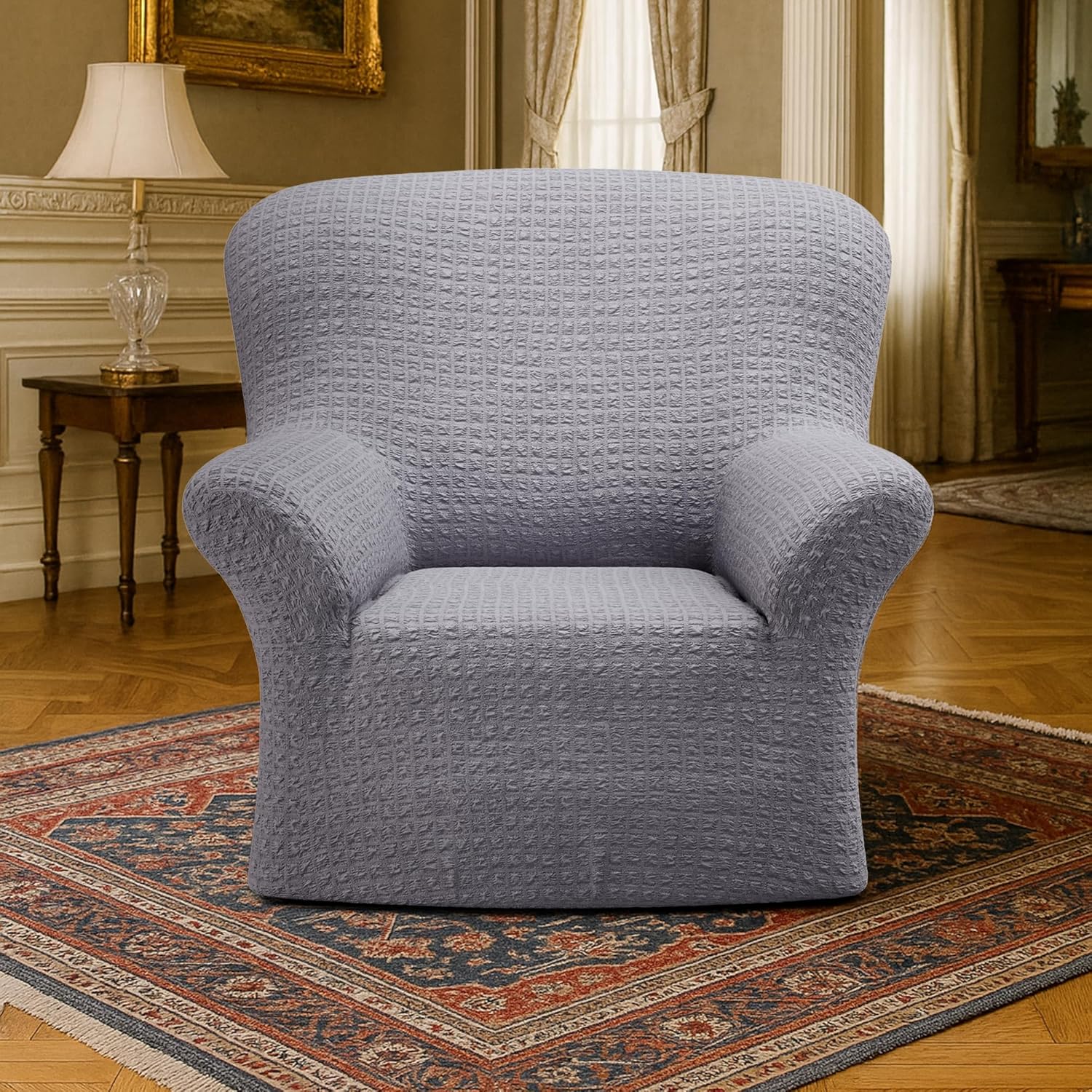 СOVER Queen Chair Cover, Armchair Slipcover, 1-Piece Washable Furniture Protector, High Stretch Fabric, Pet Friendly for Dogs and Cats, Gallant, Light Gray