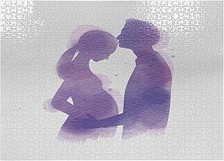 Kissing Jigsaw Puzzle for Adults, Watercolor Painted Husband Caressing His Pregnant Wife Shadowed Silhouettes, Heirloom-Quality Fun Activity Durable Cardboard, 1000 pcs, Lavender and White