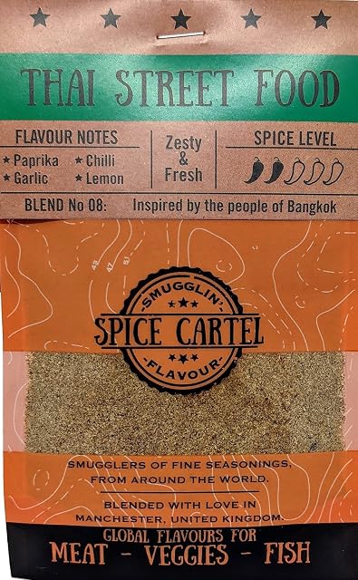 Spice Cartel's Thai Street Food. Artisanal Thai Spice Blend Inspired by Bangkok's Food Scene. Bring Your Meal to Life with a Thai Twist. 35g Resealable Pouch. Hand Made with Love in The UK.