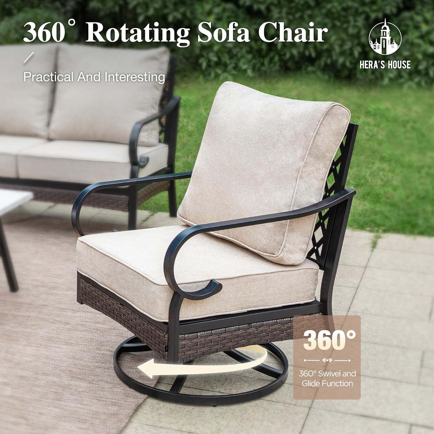 HERA'S HOUSE 5 Piece Metal Patio Furniture Set, 7 Seats All Weather Outdoor Conversation Set, 3 Seat Sofa with Loveseat, 2 Swivel Chairs, Coffee Table for Backyard, Garden, Deck, Beige