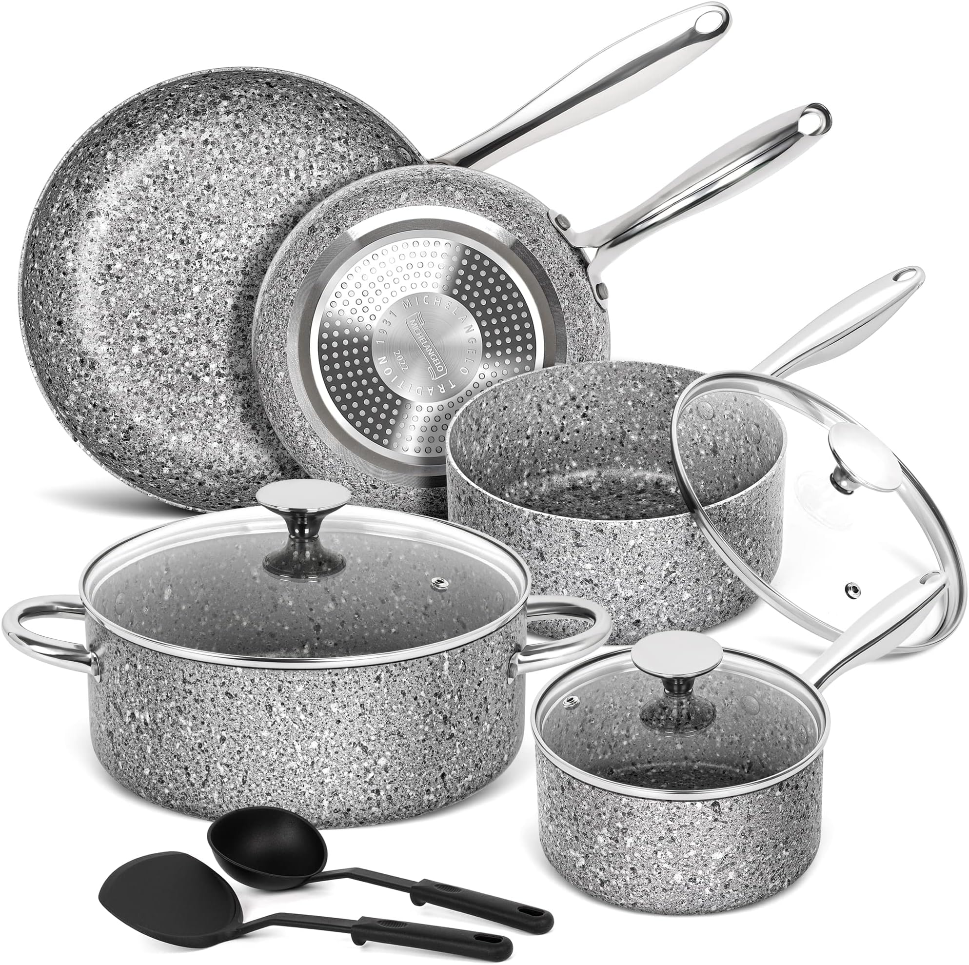 MICHELANGELO Pots and Pans Set 10 Piece, Cookware Set with Granite Coatings for Super Nonstick Result Essential Stone Cookware Sets with Utensil Set, Induction Compatible, PFOA Free