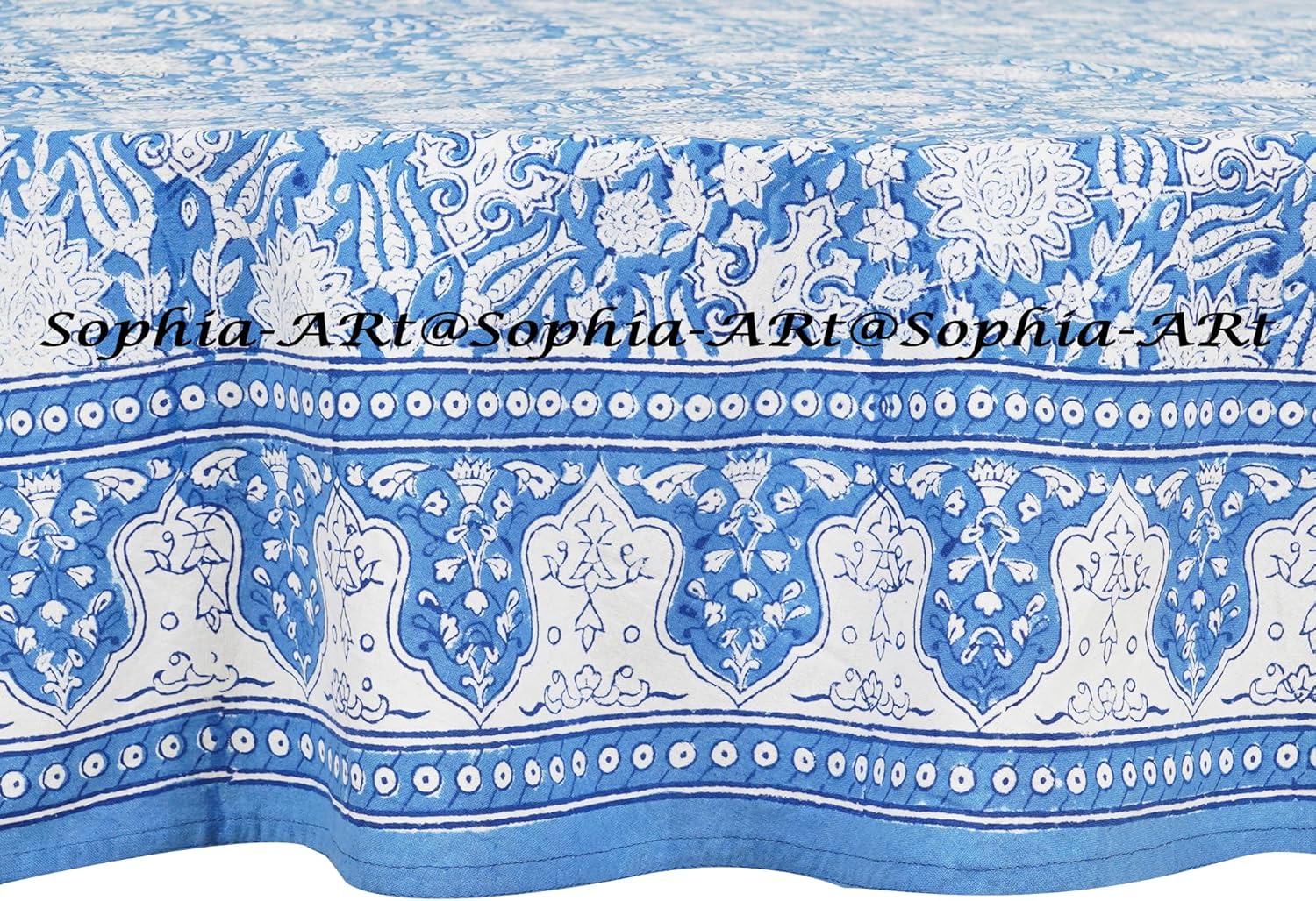 Sophia-Art Round 90" 6 Seater Outdoor Cotton Hand Block Printed Tablecloth for Patio Camping Holiday Party Washable Indoor Kitchen Table Cover (11-Flower Pattern)