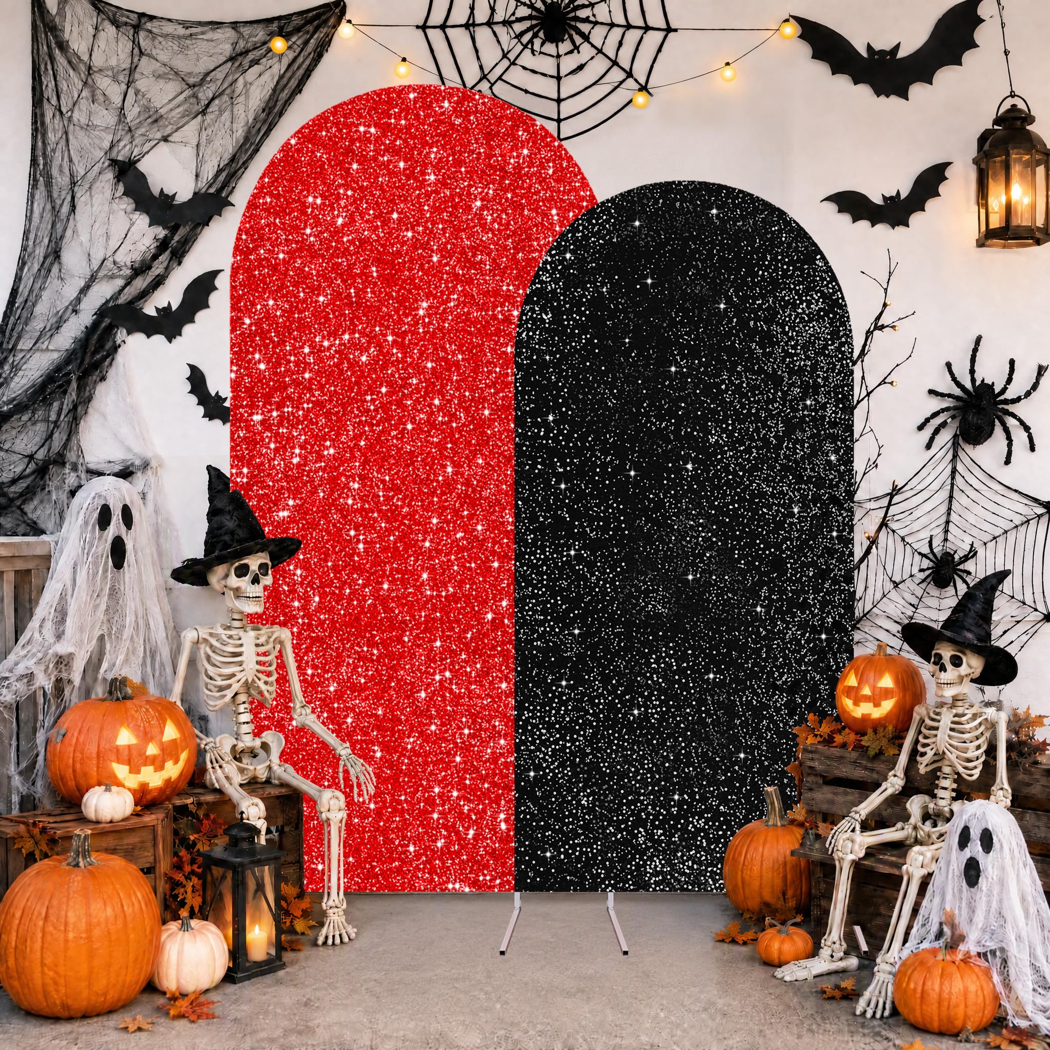 Red Black Sequin Arch Backdrop Cover Set of 2 (7.2ft+6ft) Round Top Chiara Arch Background Balloon Arch Cover for Halloween Birthday Wedding Anniversary Decorations