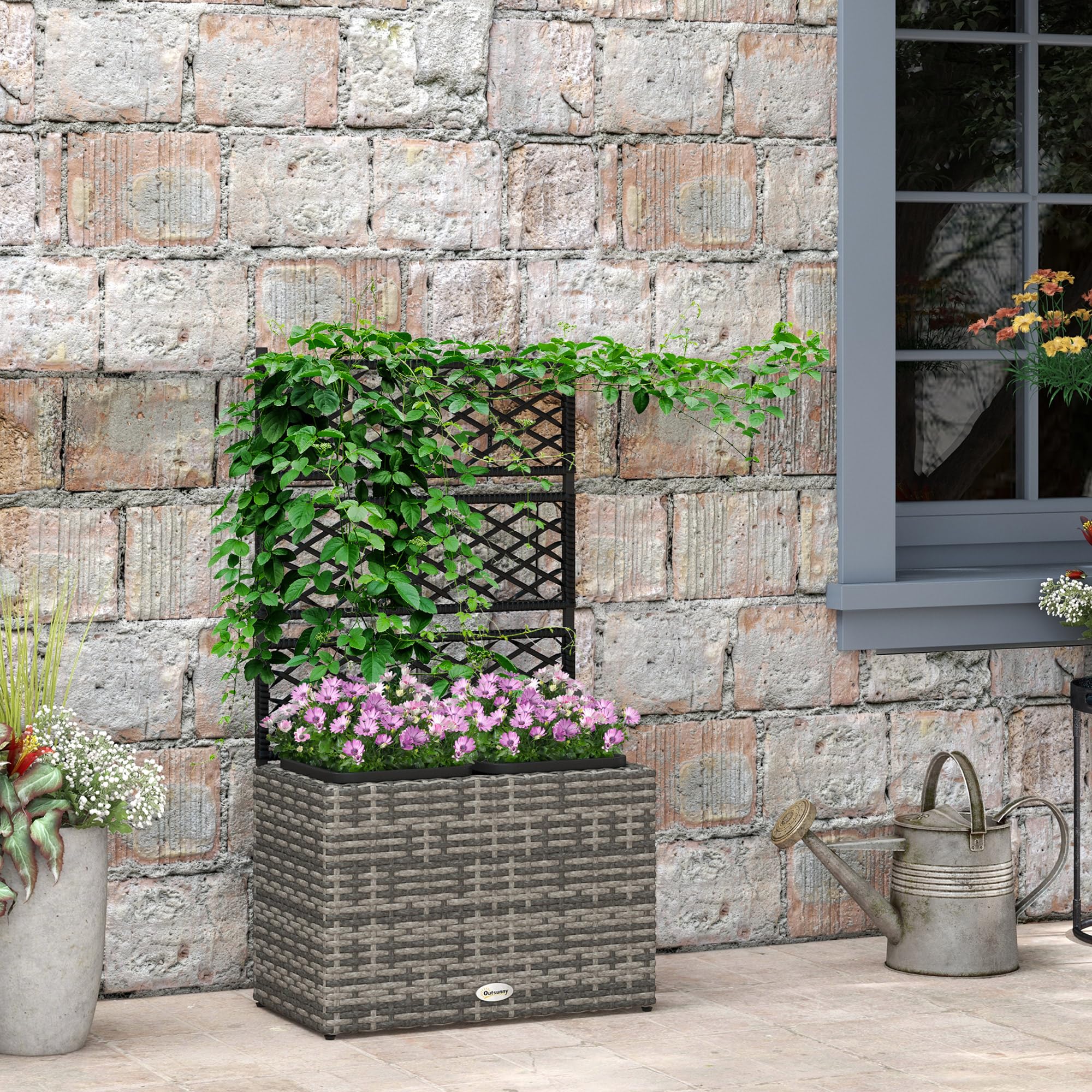 Outsunny Sadzarka do roślin z siatką 2 doniczki na rośliny doniczki 22 l ogród balkon patio pleciona żywica i stal ocynkowana 57 x 30 x 107 cm szara