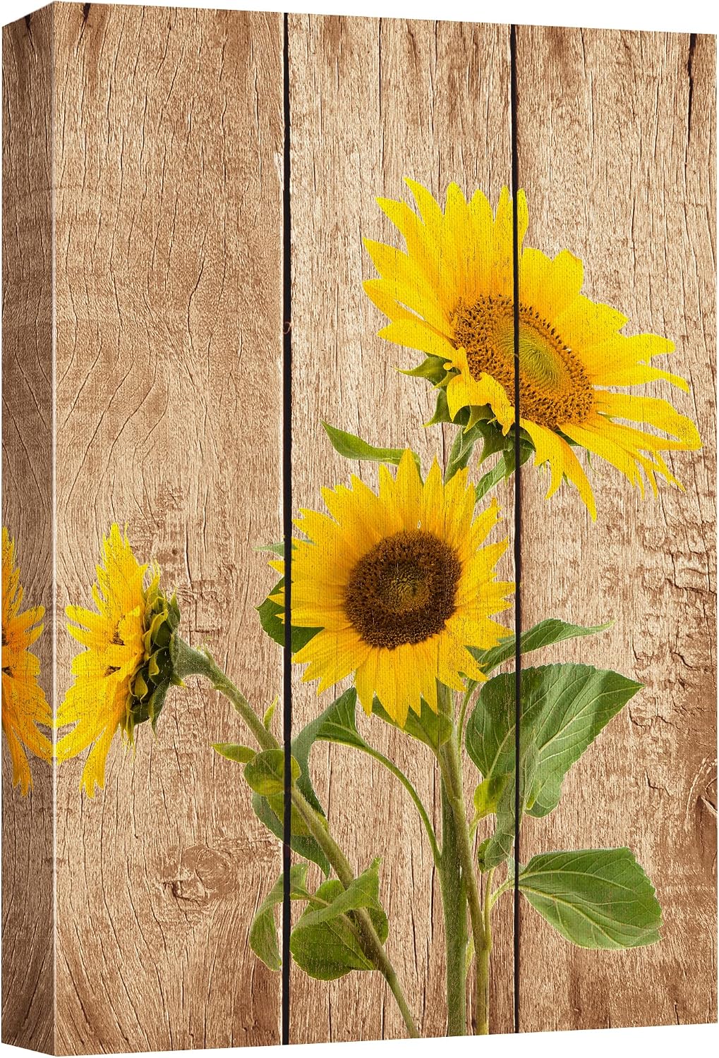 wall26 Canvas Print Wall Art Yellow Sunflower Trio on Wood Panels Nature Wilderness Digital Art Realism Chic Colorful Multicolor Ultra for Living Room, Bedroom, Office - 12"x18"