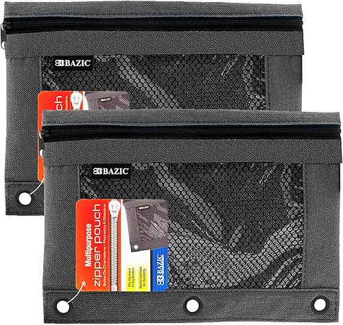 Miniatura 10 de BAZIC - Estuche para lápices de 3 anillos con agujero de anillos reforzados, bolsas de malla negra con cremallera para ventana, 4 unidades