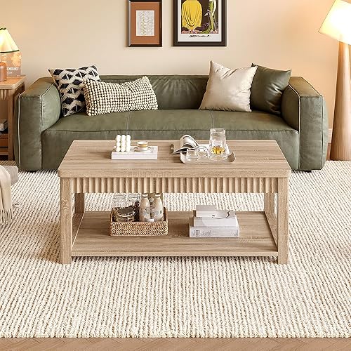 Miniatura 5 de Mesa de café, mesas de café modernas de 39 pulgadas para sala de estar con almacenamiento de 2 niveles y borde ondulado, mesa central de roble para
