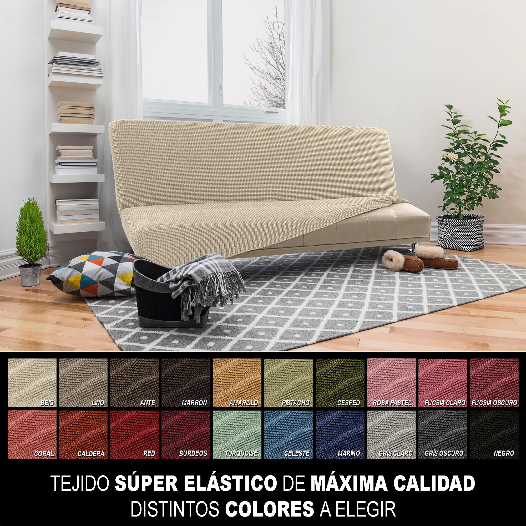 FAVERTI® Funda Sofá Cama Click Clack 3 Plazas de 160 a 200 cm | Modelo NOVELE | Beige | Funda Super Elástica Ideal para Cualquier sofá Cama | Protector de Calidad Tejido Jacquard Tacto algodón