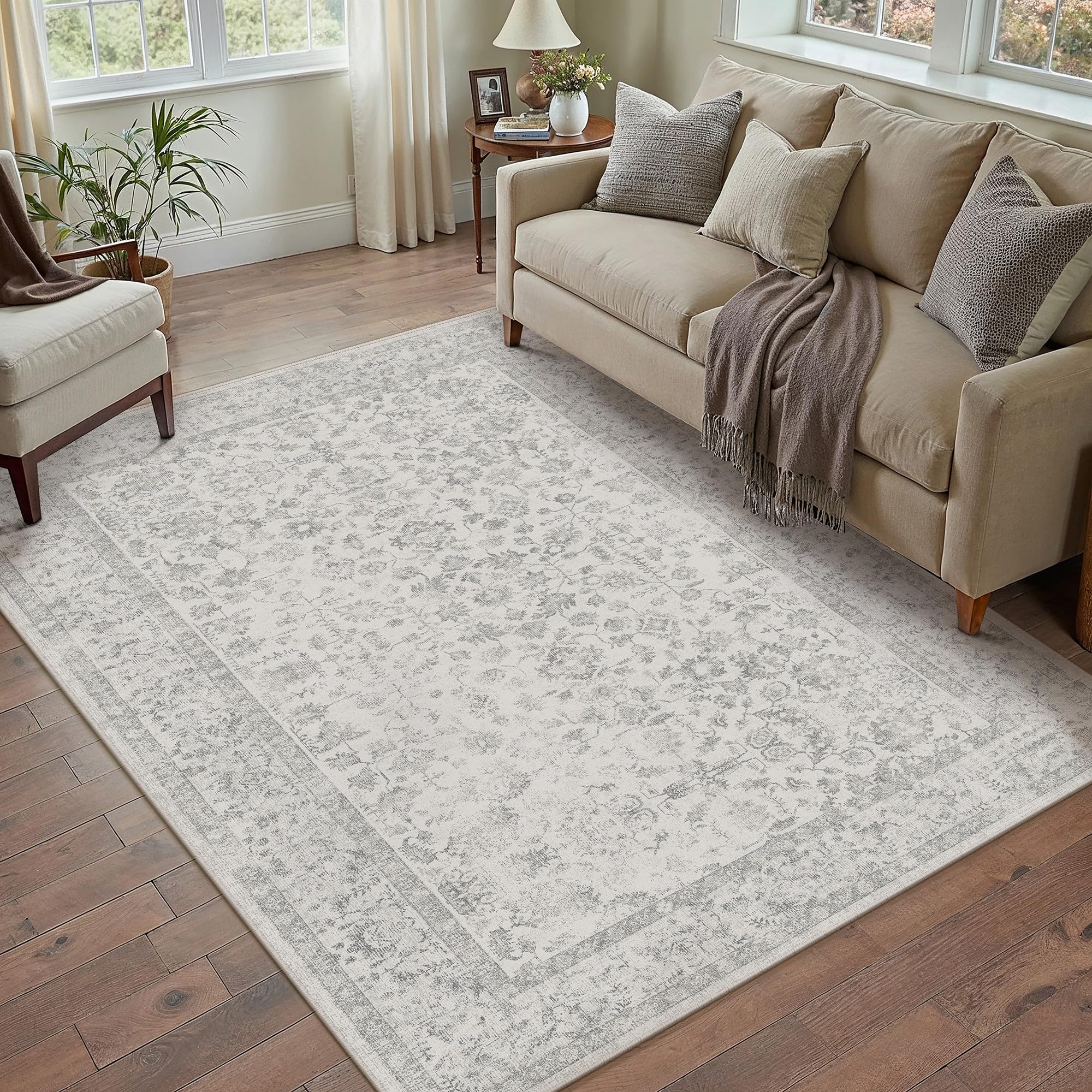 PureCozy Vintage Waschbarer Grau Teppich klein Carpet Kurzflor rutschfest Boho Rug
