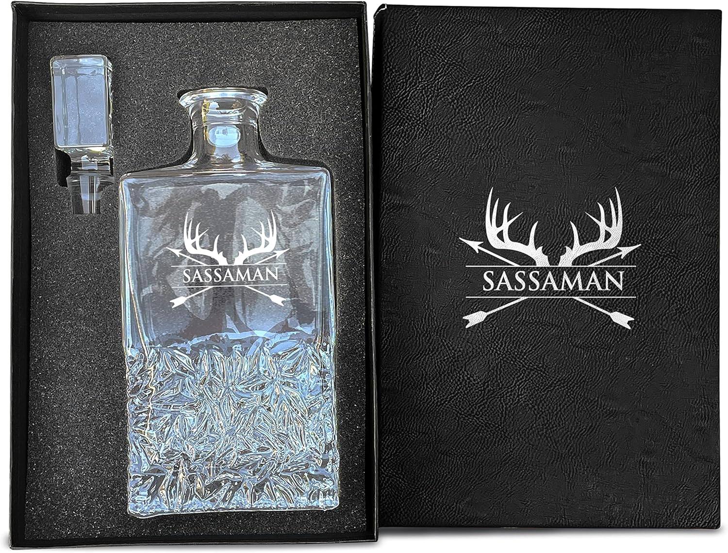 Customized Whiskey Decanter with box, Classy Liquor Decanter with box, Personalized Decanter with Deer Antler Design with Black leateratte box