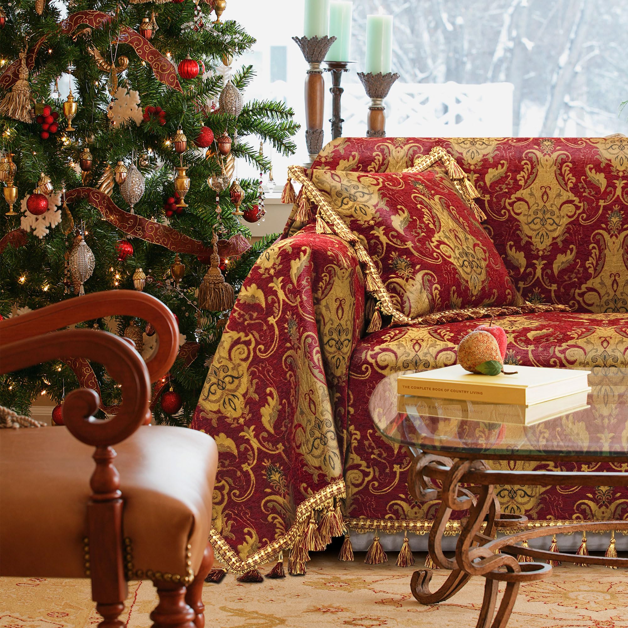 TOPLUXE Luxury Sofa Cover for 2 3 Seater, Classic Damask Slipcover for Sofa Couch Loveseat, Furniture Protector with Tassels 180x300 cm for Pets Dogs Cats (Burgundy)