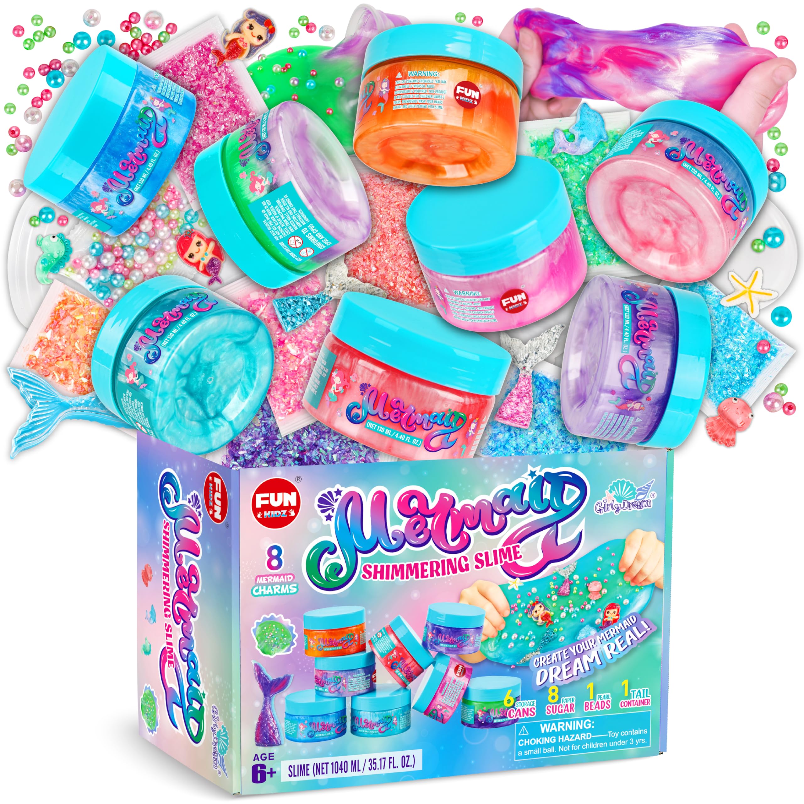 35.16 FL OZ Summer Mermaid Slime Toy for Girls Ages 6-8, FunKidz Big Premade Shimmer Sparkle Glitter Kid Slime 8 Packs Birthday Party Gifts