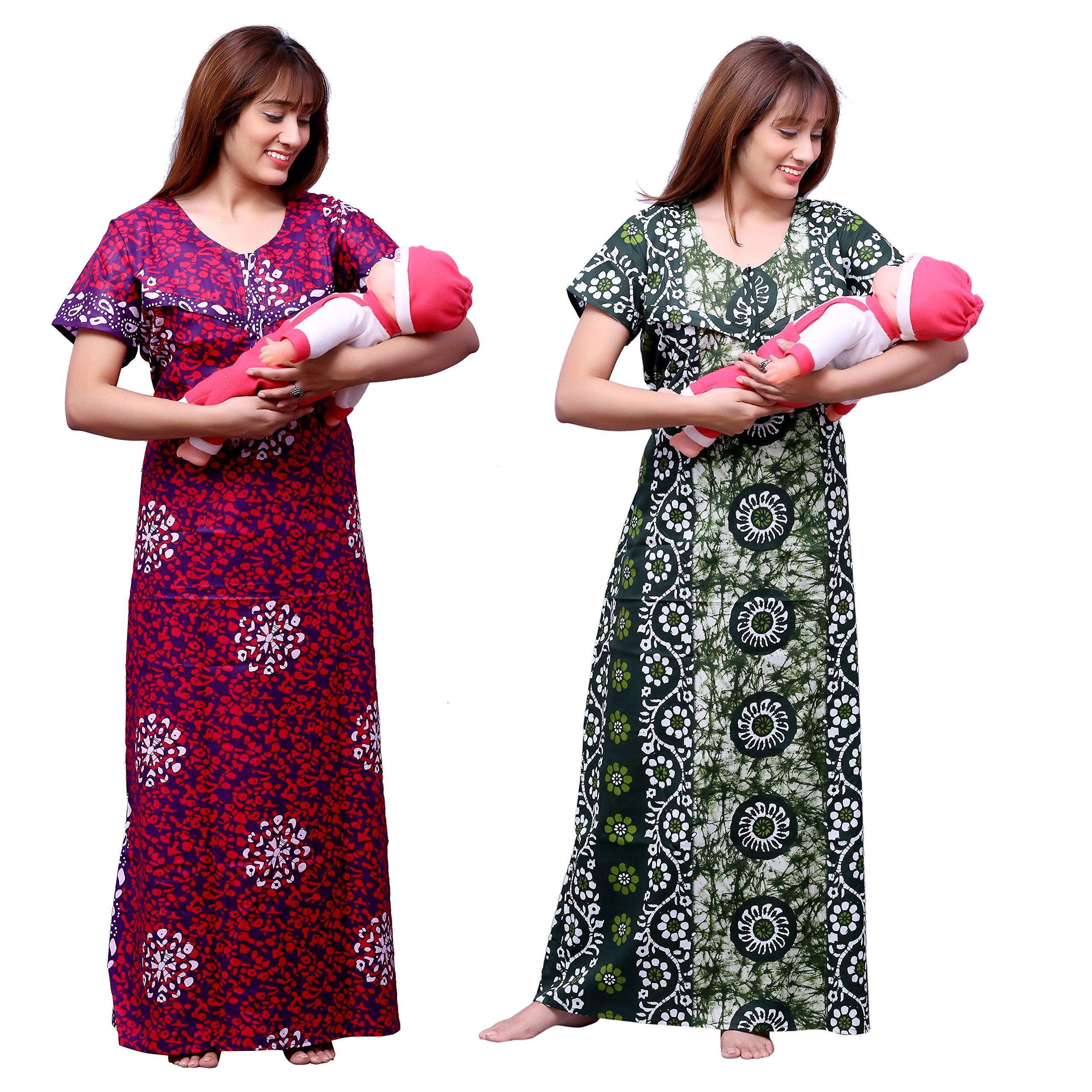 Stylish Printed Pannel & Batic Feeding/Maternity Pure Cotton Nighty/Nightgown/Night Dress Combo for Women and Girls - (Free Size, Pack of 2)-image-17