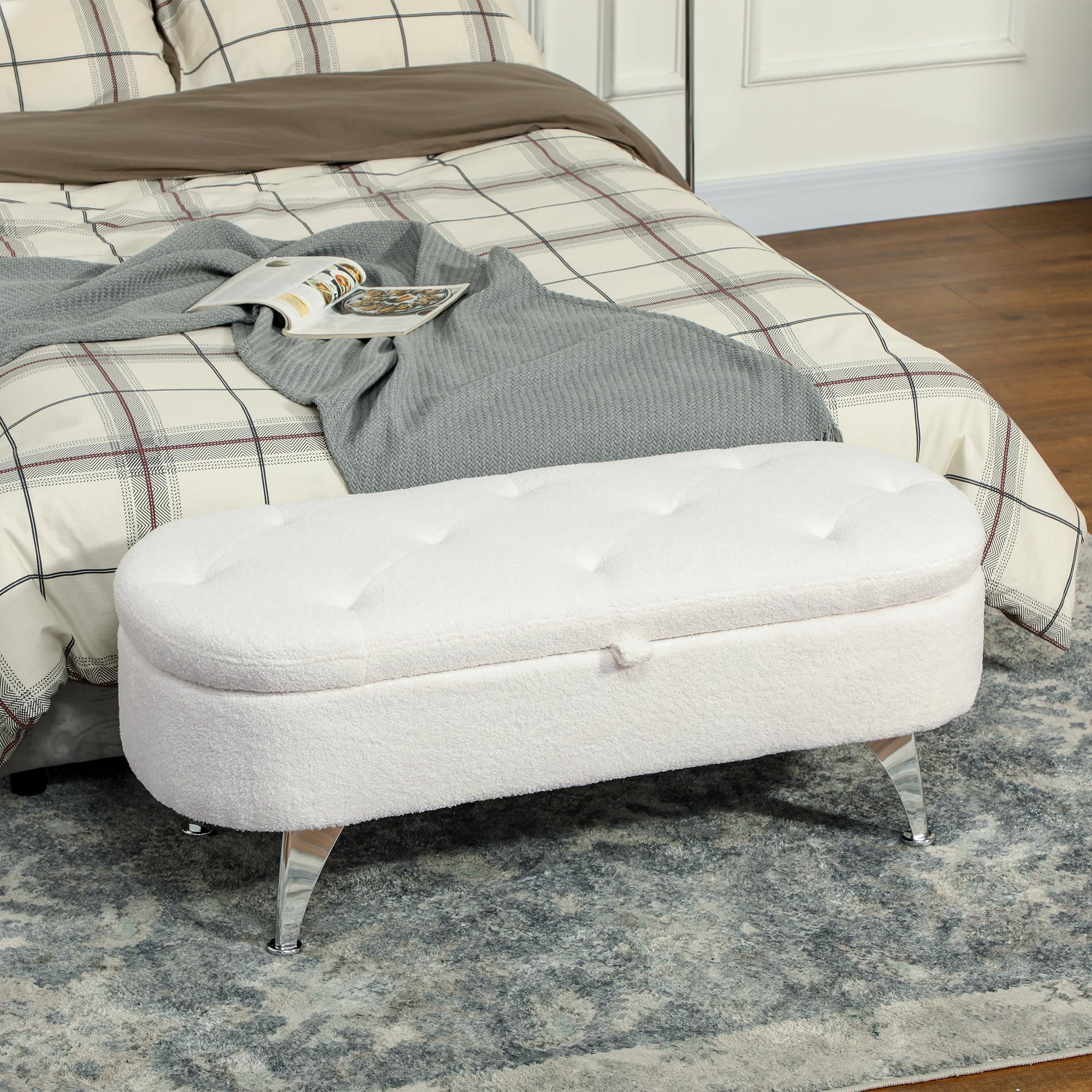 HOMCOM Banco de almacenamiento acolchado con tapa, con aspecto de oso de terciopelo, para pasillo, dormitorio, salón, estructura de metal, 114 x 47 x 46,5 cm, color blanco