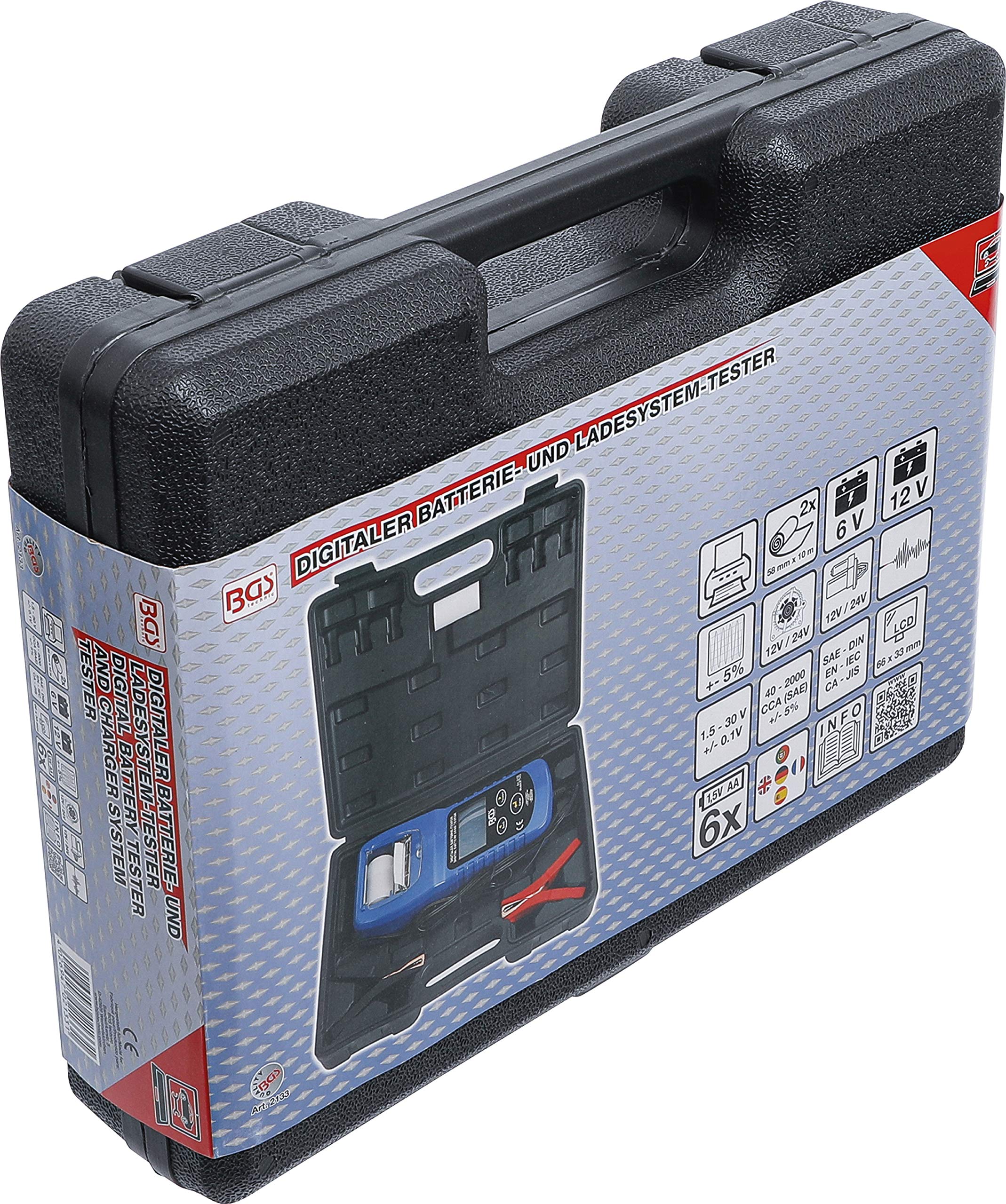 BGS 2133 | Digitaler Batterie- und Ladesystem-Tester | mit Drucker | Für 6 & 12 V Batterien | 12 & 24 V Anlass- und Ladesysteme | Spannungsbereich 1,5 - 30 V | SAE, DIN, EN, IEC, CA, JIS