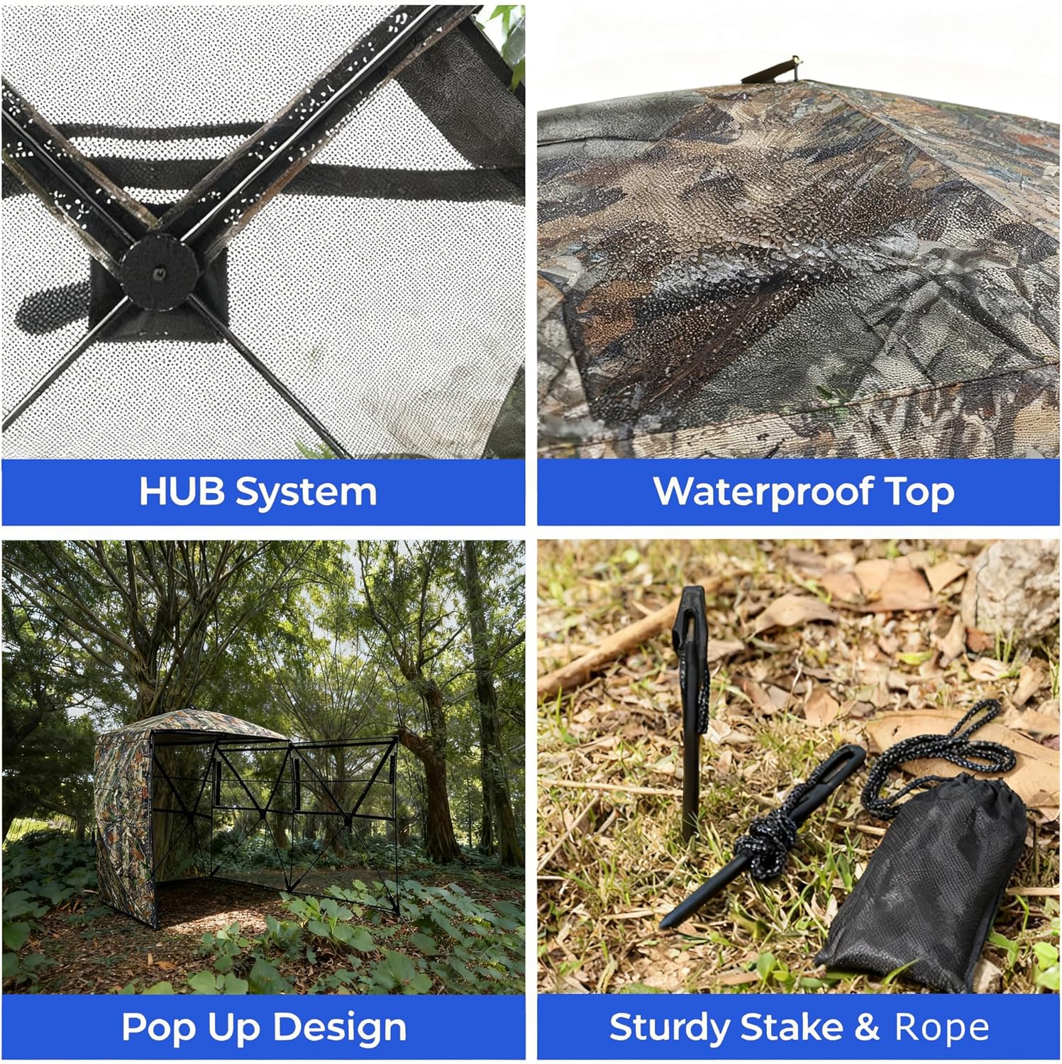 Hunting Blind 360 Degree See Through Ground Blind with Carrying Bag, 2-3 Person Pop Up Camouflage Tent, Portable Concealed Shelter Resilient Hunting Tent