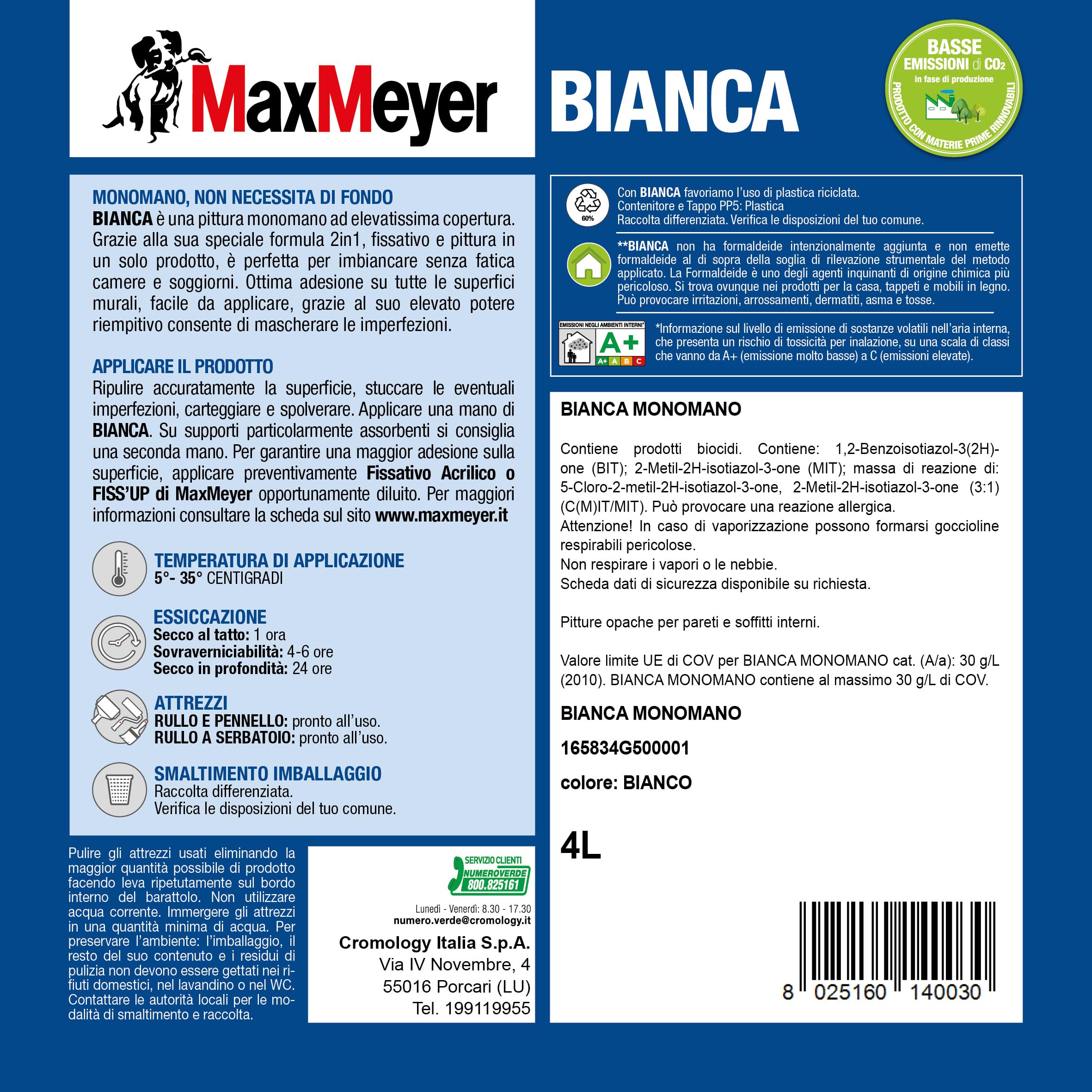 MAXMEYER Bianca Monomano BMB, Pittura per Interni Lavabile, 2 in 1 Fissativo e Pittura, Ottima Copertura, Finitura Opaca, Bianco, 4 Litri